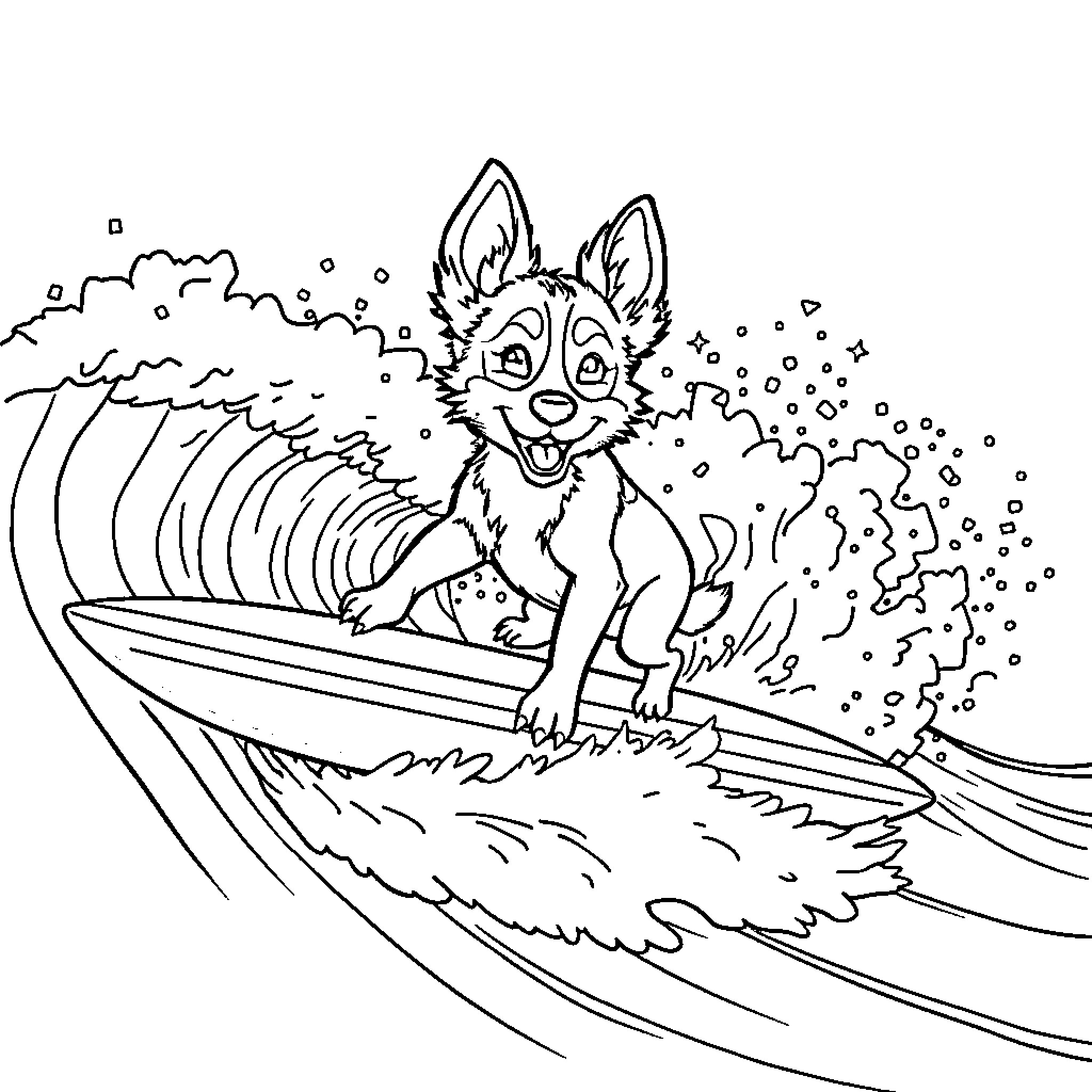 Bluey surfing in the waves Coloring Page (free black-and-white line drawing printable PDF for all, from beginners to advanced learners, including children, teens, adults, and seniors)