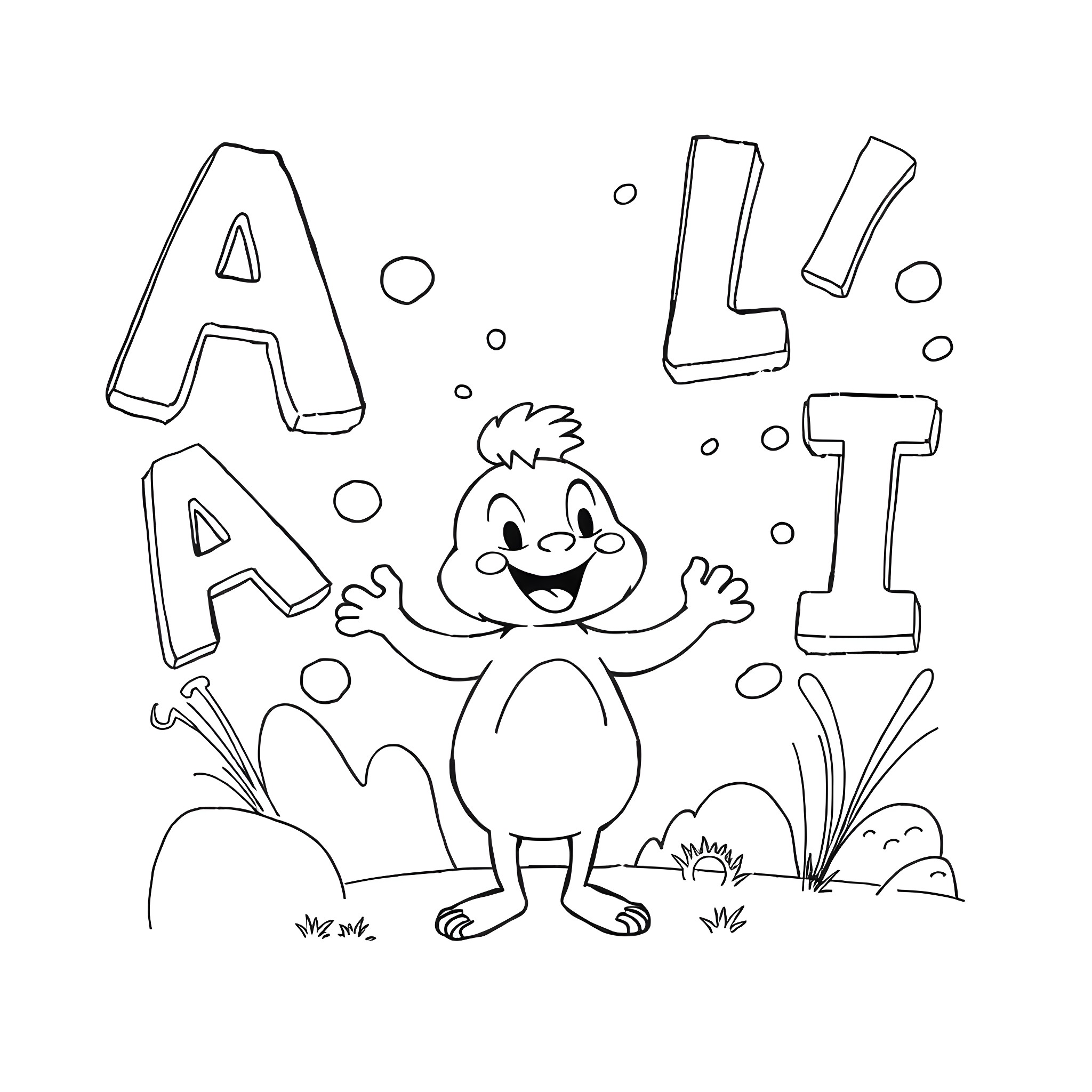 ALI - Cartoon Character with Playful Expressions Coloring Page (free black-and-white line drawing printable PDF for all, from beginners to advanced learners, including children, teens, adults, and seniors)