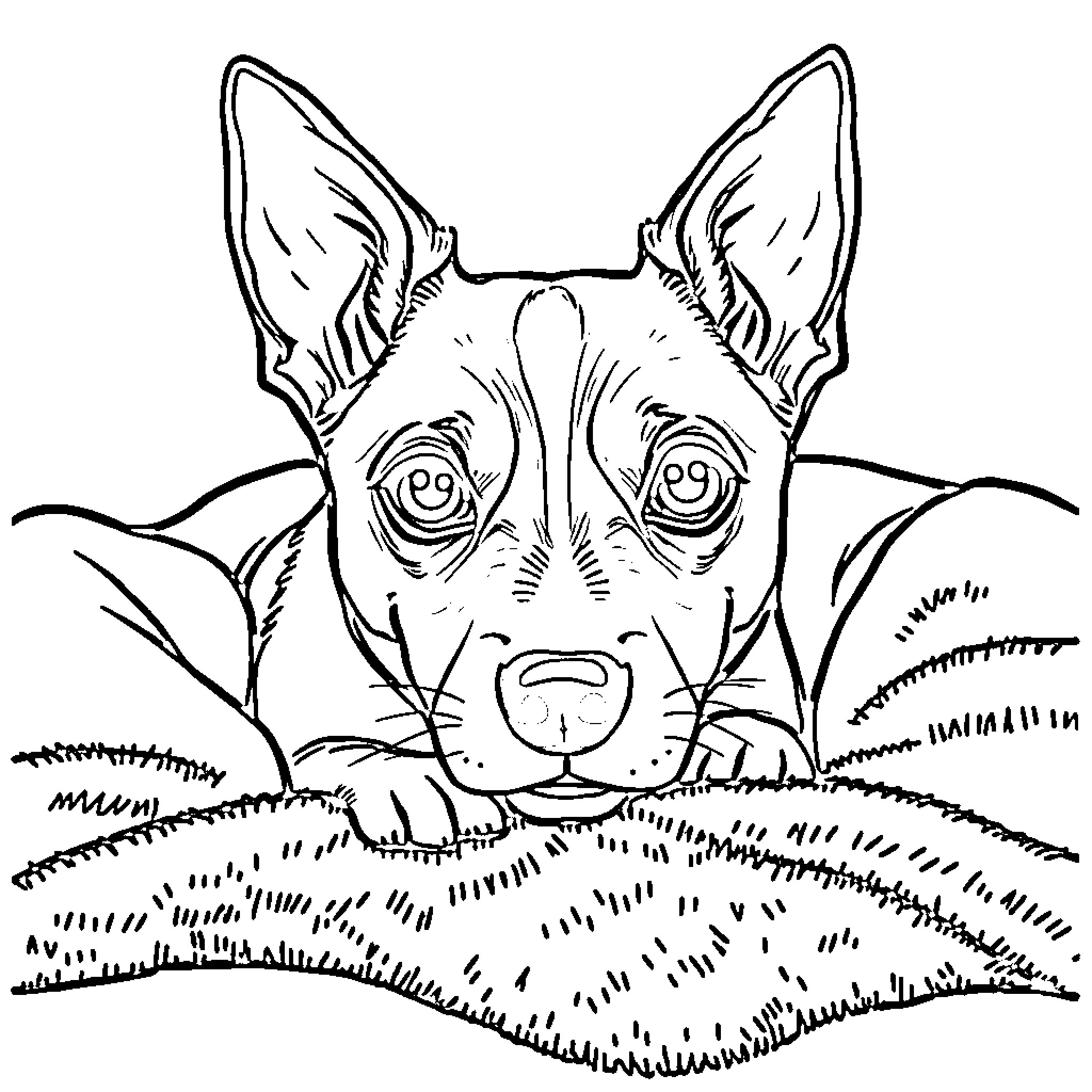 Dog peering curiously from bushes Coloring Page (free black-and-white line drawing printable PDF for all, from beginners to advanced learners, including children, teens, adults, and seniors)