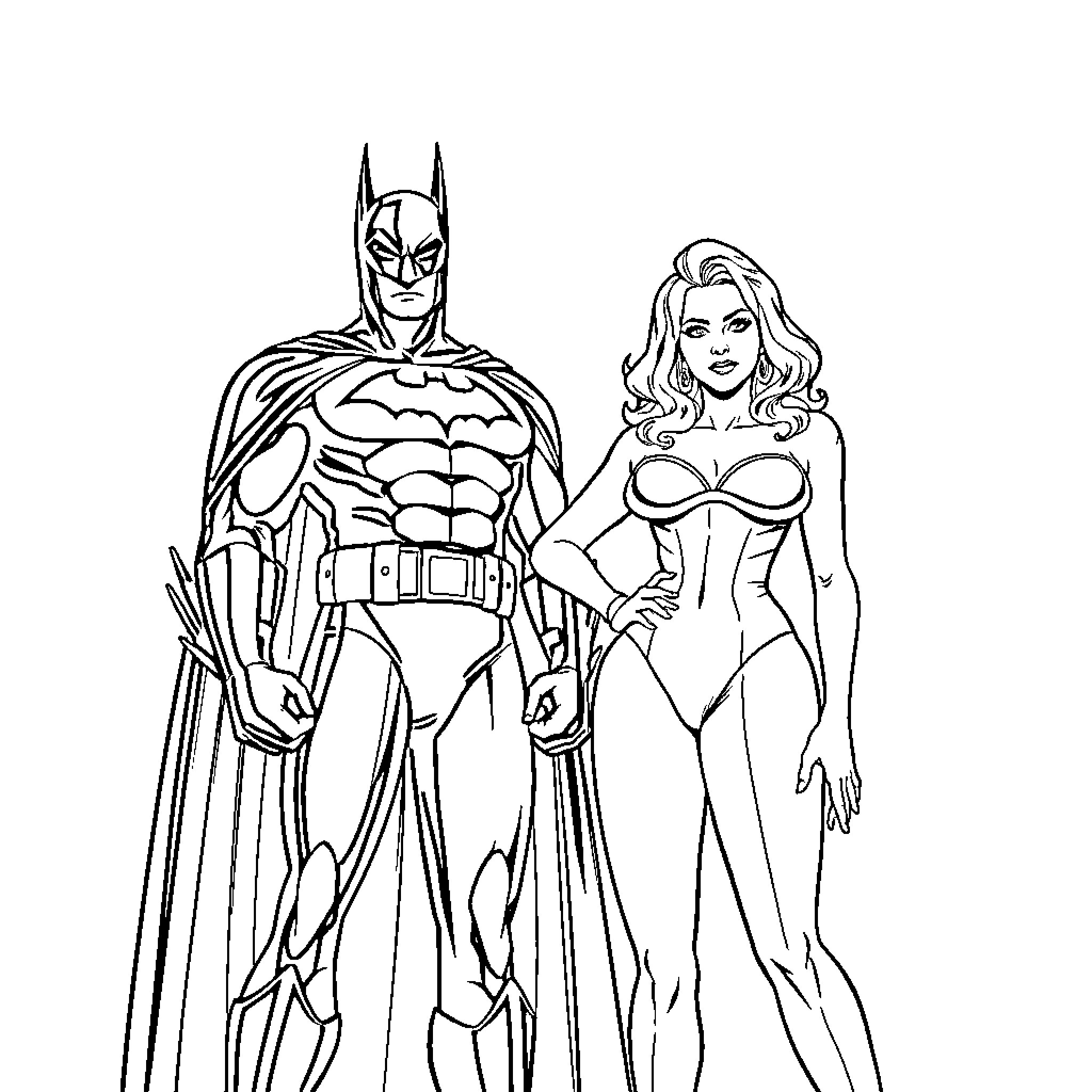 Batman and female superhero in action poses Coloring Page (free black-and-white line drawing printable PDF for all, from beginners to advanced learners, including children, teens, adults, and seniors)