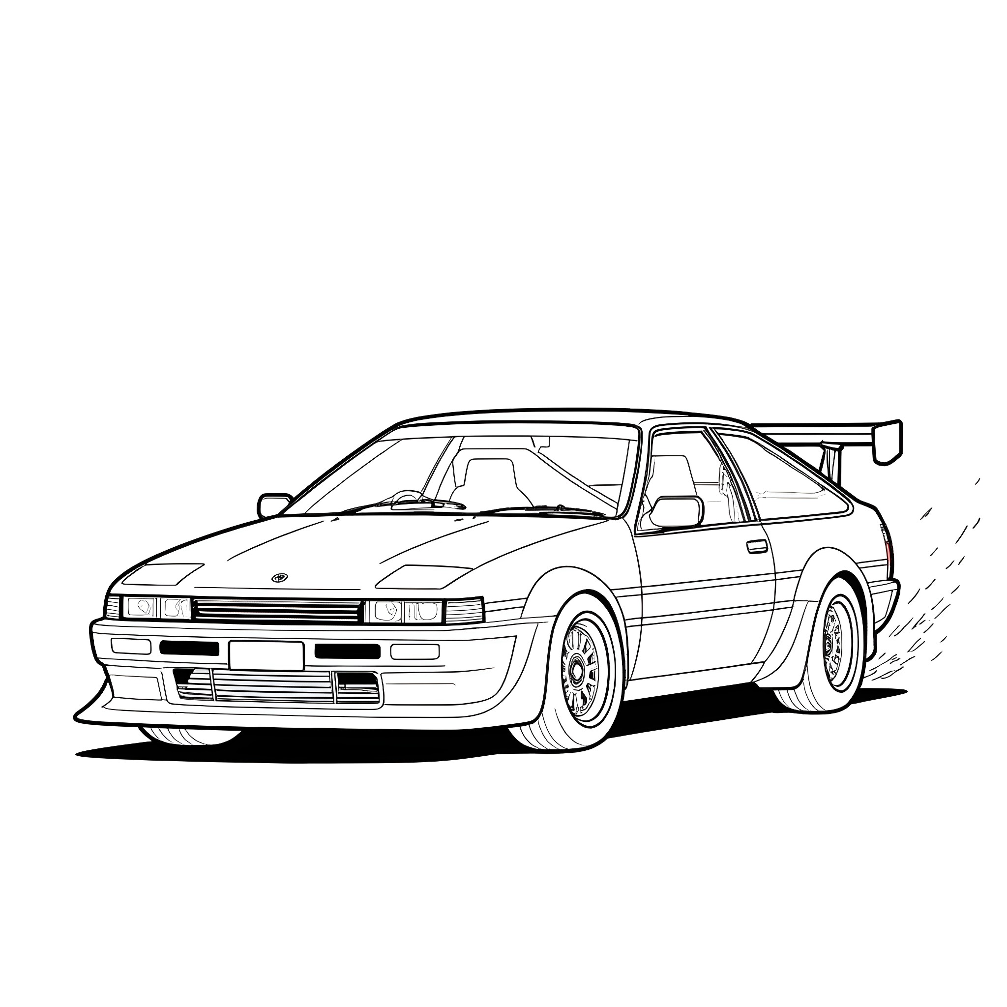Toyota AE86 drifting on the road Coloring Page (free black-and-white line drawing printable PDF for all, from beginners to advanced learners, including children, teens, adults, and seniors)