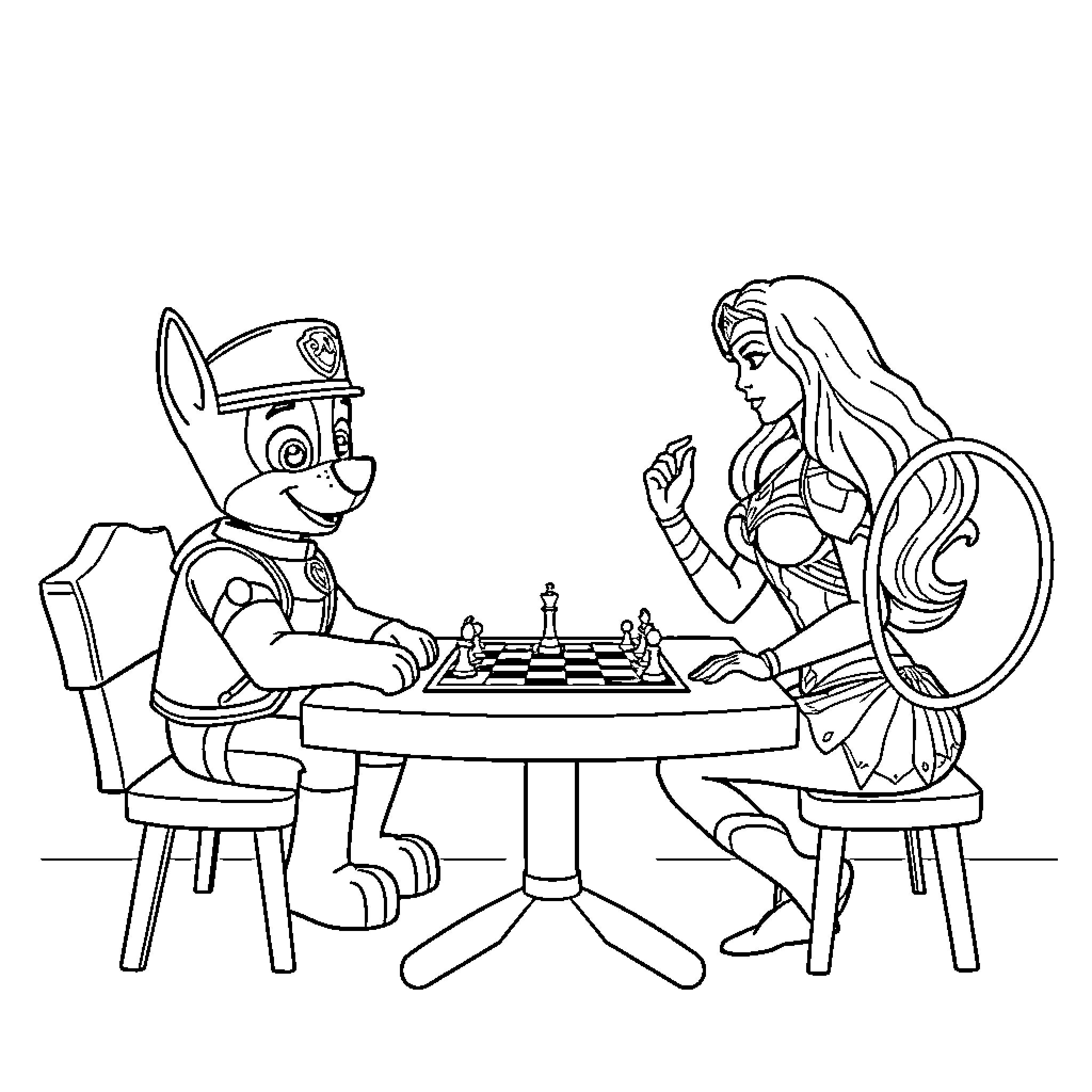 Rider and mermaid playing chess Coloring Page (free black-and-white line drawing printable PDF for all, from beginners to advanced learners, including children, teens, adults, and seniors)