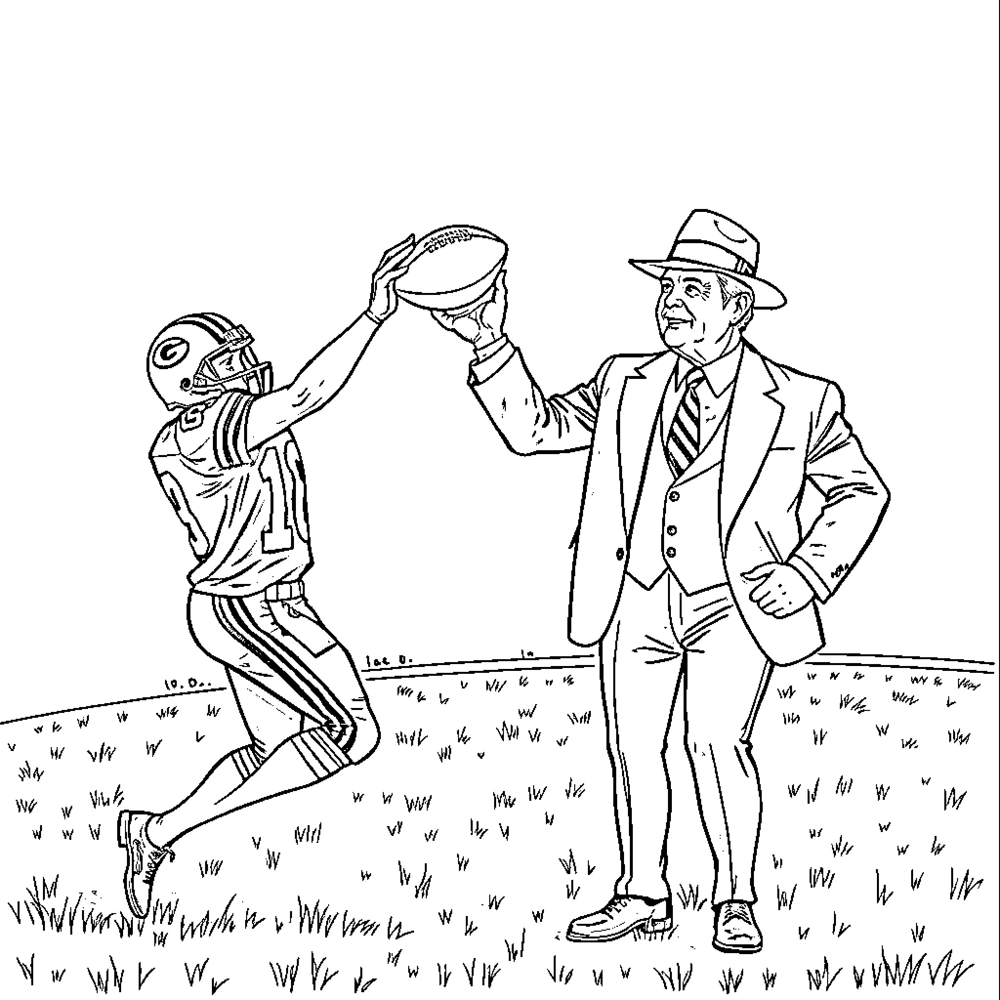 Football player's touchdown celebration witnessed by spectator Coloring Page (free black-and-white line drawing printable PDF for all, from beginners to advanced learners, including children, teens, adults, and seniors)