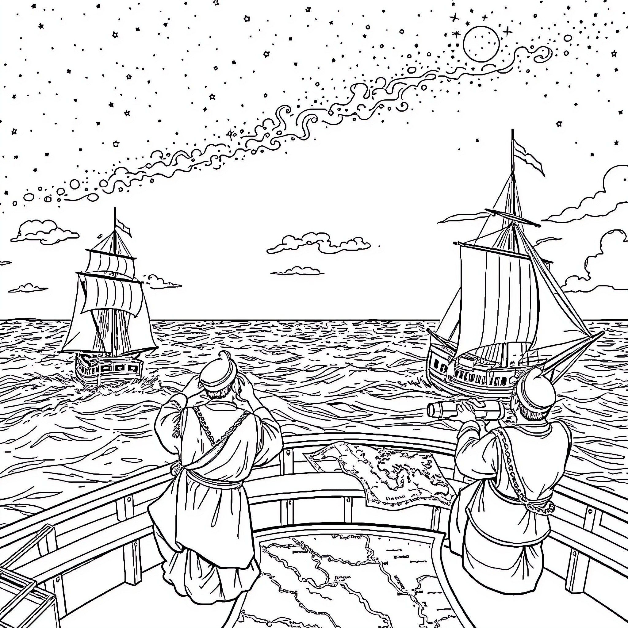 Exploration of the Nautical Voyage Coloring Page (free black-and-white line drawing printable PDF for all, from beginners to advanced learners, including children, teens, adults, and seniors)