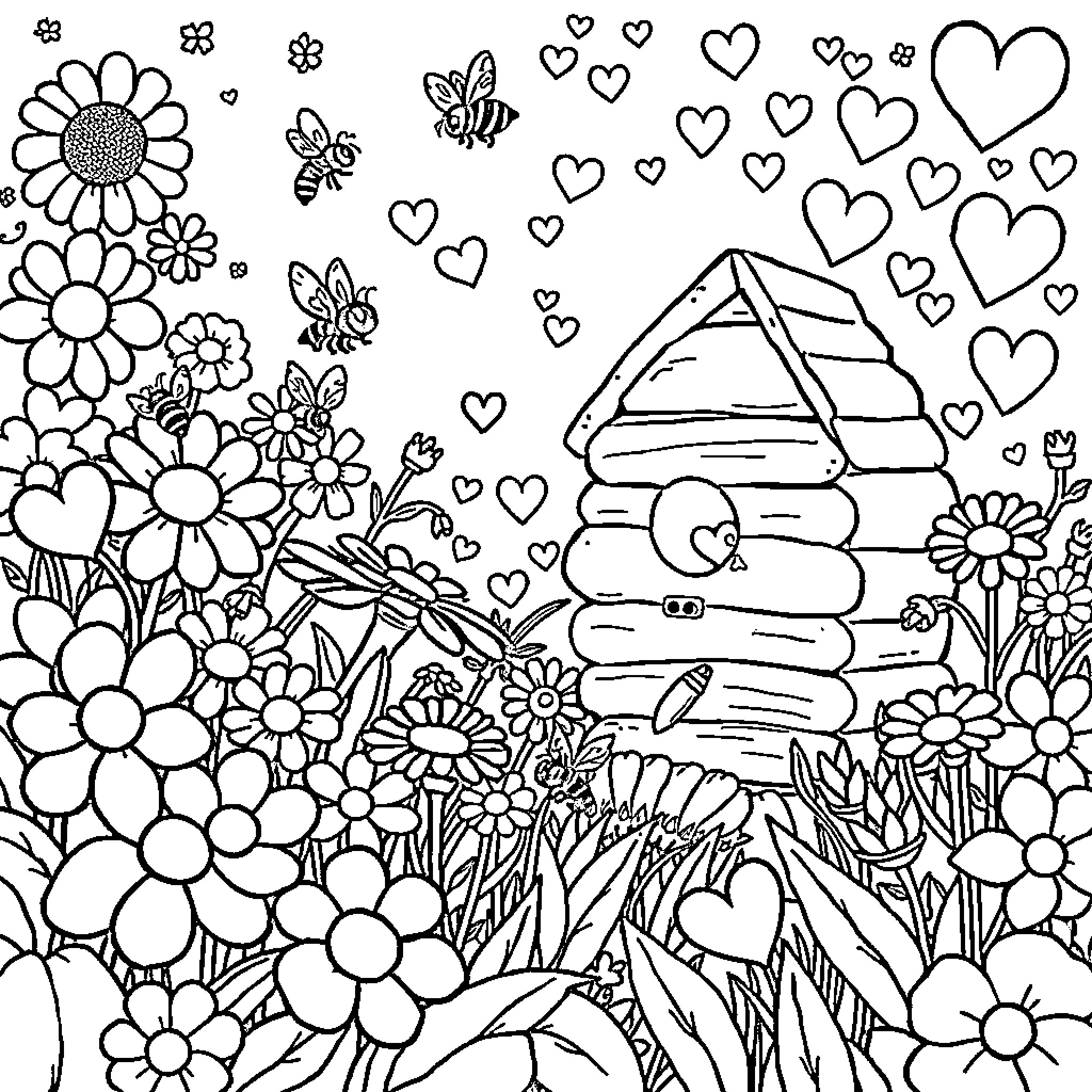 Flower Garden with Hearts and Insects Coloring Page (free black-and-white line drawing printable PDF for all, from beginners to advanced learners, including children, teens, adults, and seniors)