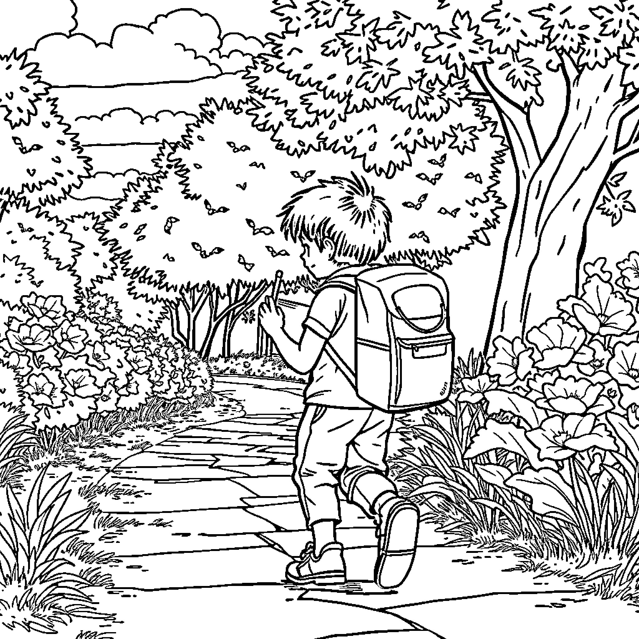 Niño observando la naturaleza en el bosque Coloring Page (free black-and-white line drawing printable PDF for all, from beginners to advanced learners, including children, teens, adults, and seniors)