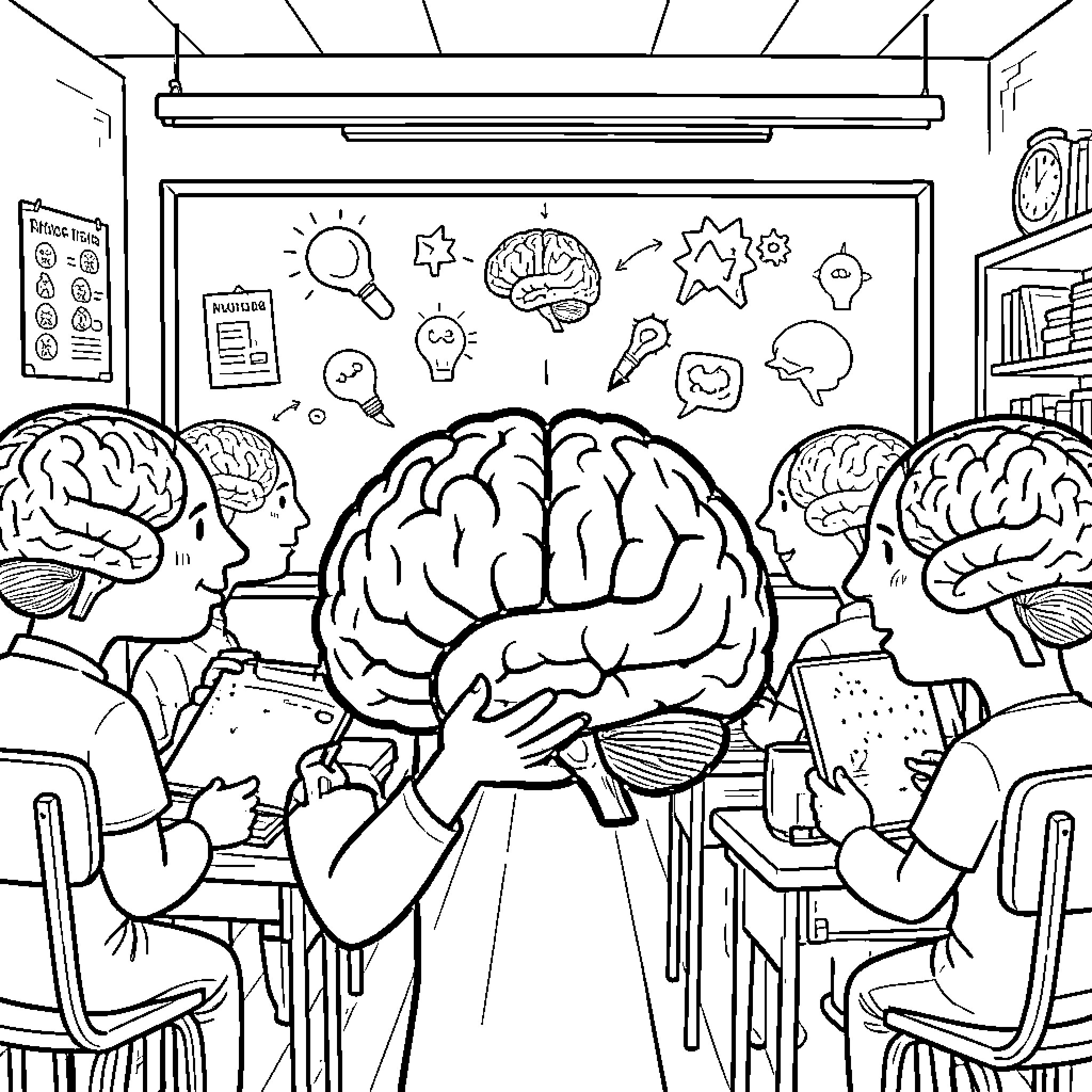 Brain characters studying in a classroom setting Coloring Page (free black-and-white line drawing printable PDF for all, from beginners to advanced learners, including children, teens, adults, and seniors)