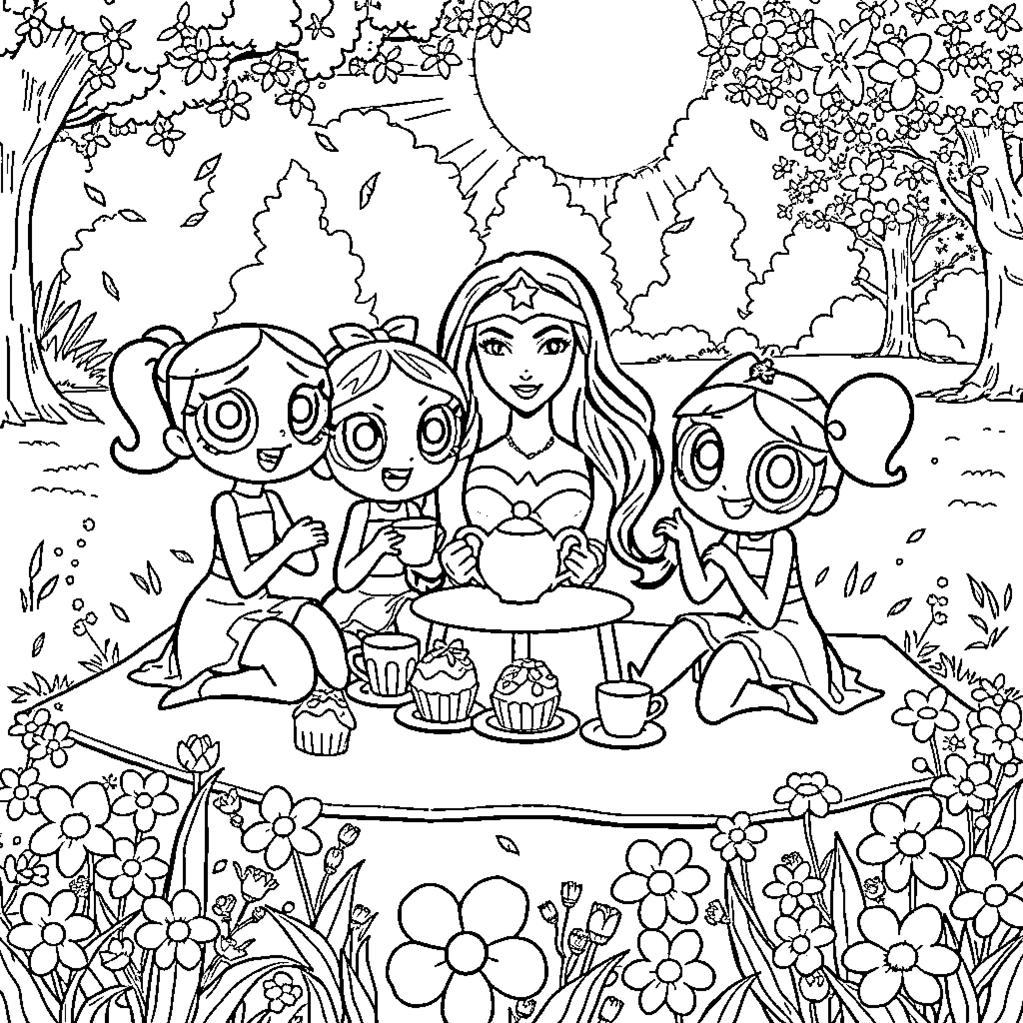 Powerpuff Girls having a picnic in the flowery meadow Coloring Page (free black-and-white line drawing printable PDF for all, from beginners to advanced learners, including children, teens, adults, and seniors)