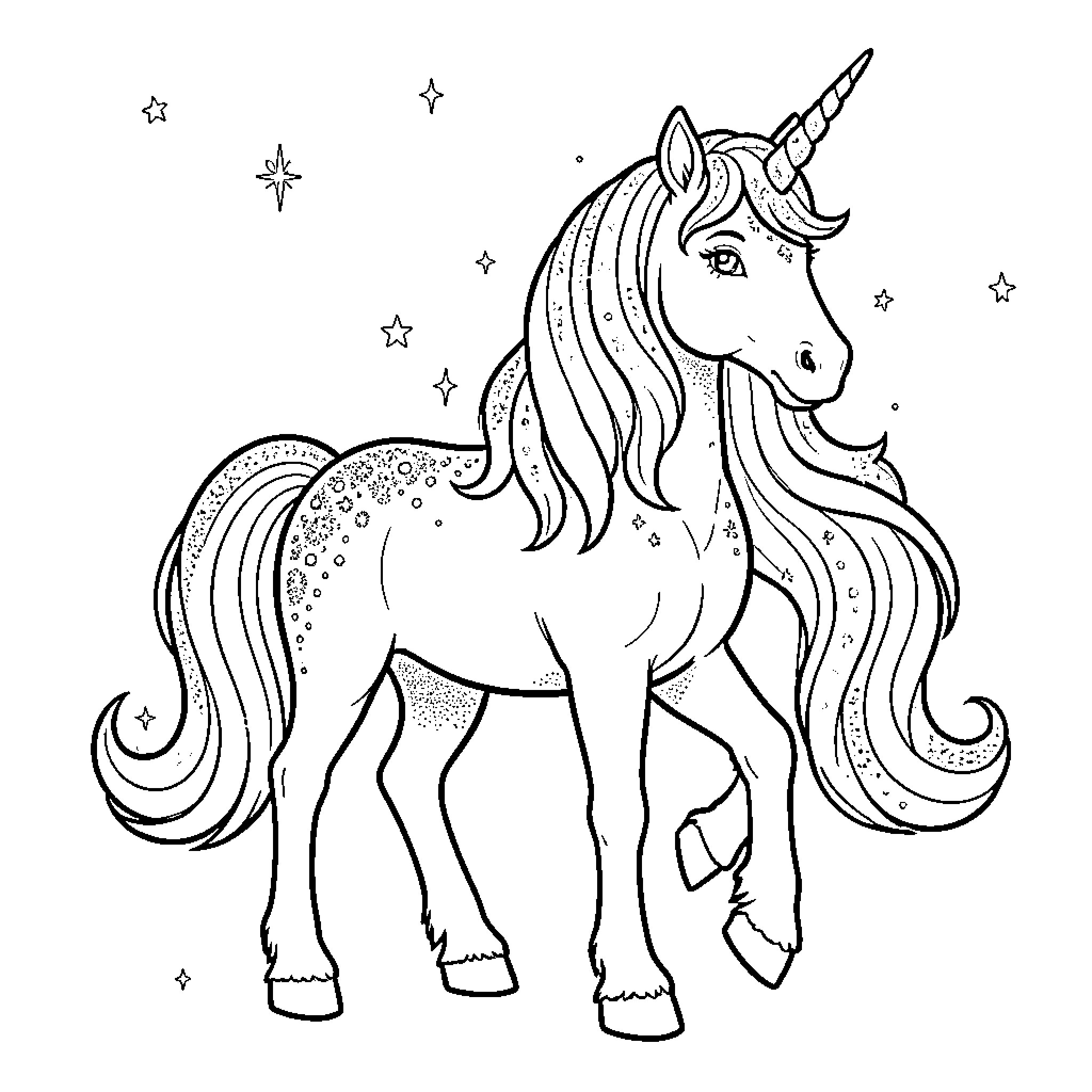 Unicorn with magical sparkles and stars Coloring Page (free black-and-white line drawing printable PDF for all, from beginners to advanced learners, including children, teens, adults, and seniors)