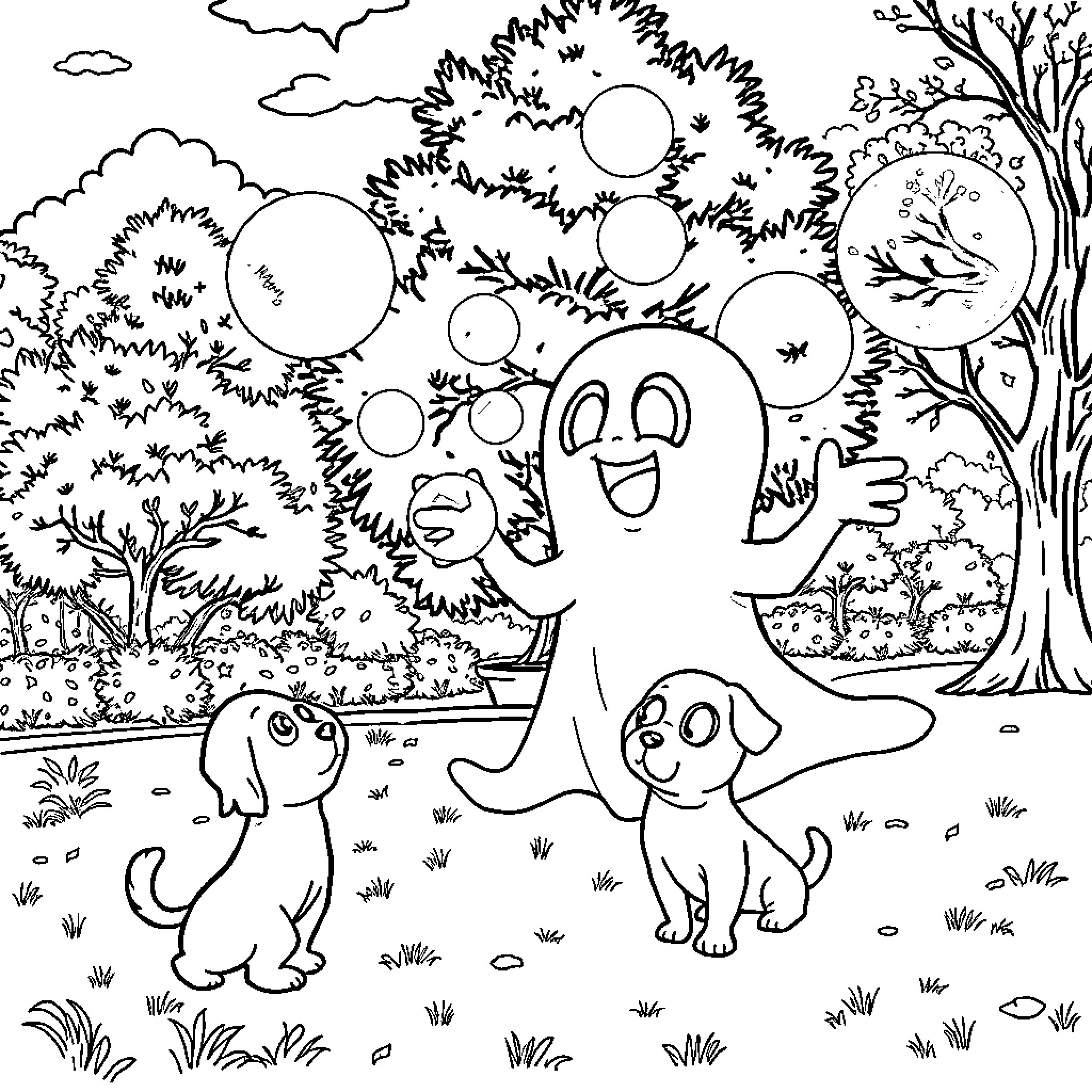 Ghost Spidey's Playful Adventure with Furry Friends Coloring Page (free black-and-white line drawing printable PDF for all, from beginners to advanced learners, including children, teens, adults, and seniors)