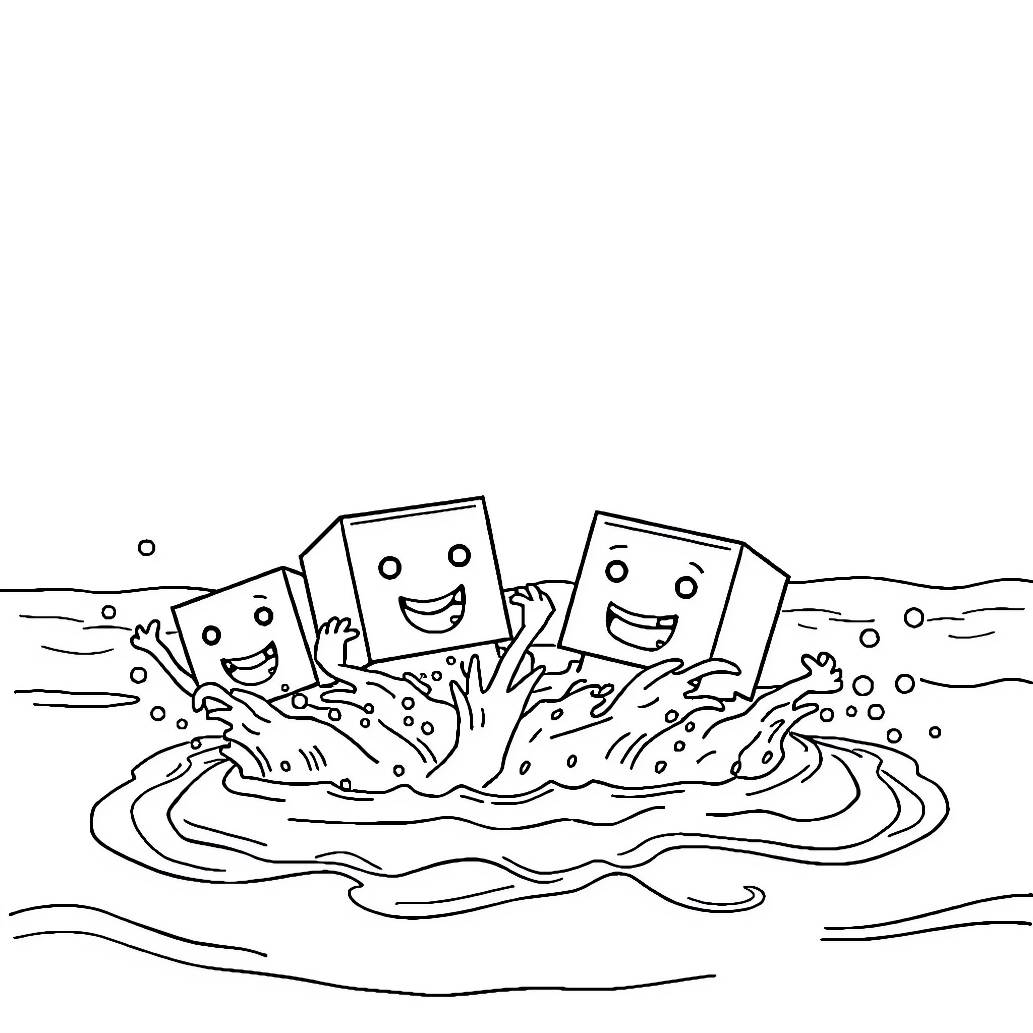 Numberblocks having fun in the water Coloring Page (free black-and-white line drawing printable PDF for all, from beginners to advanced learners, including children, teens, adults, and seniors)