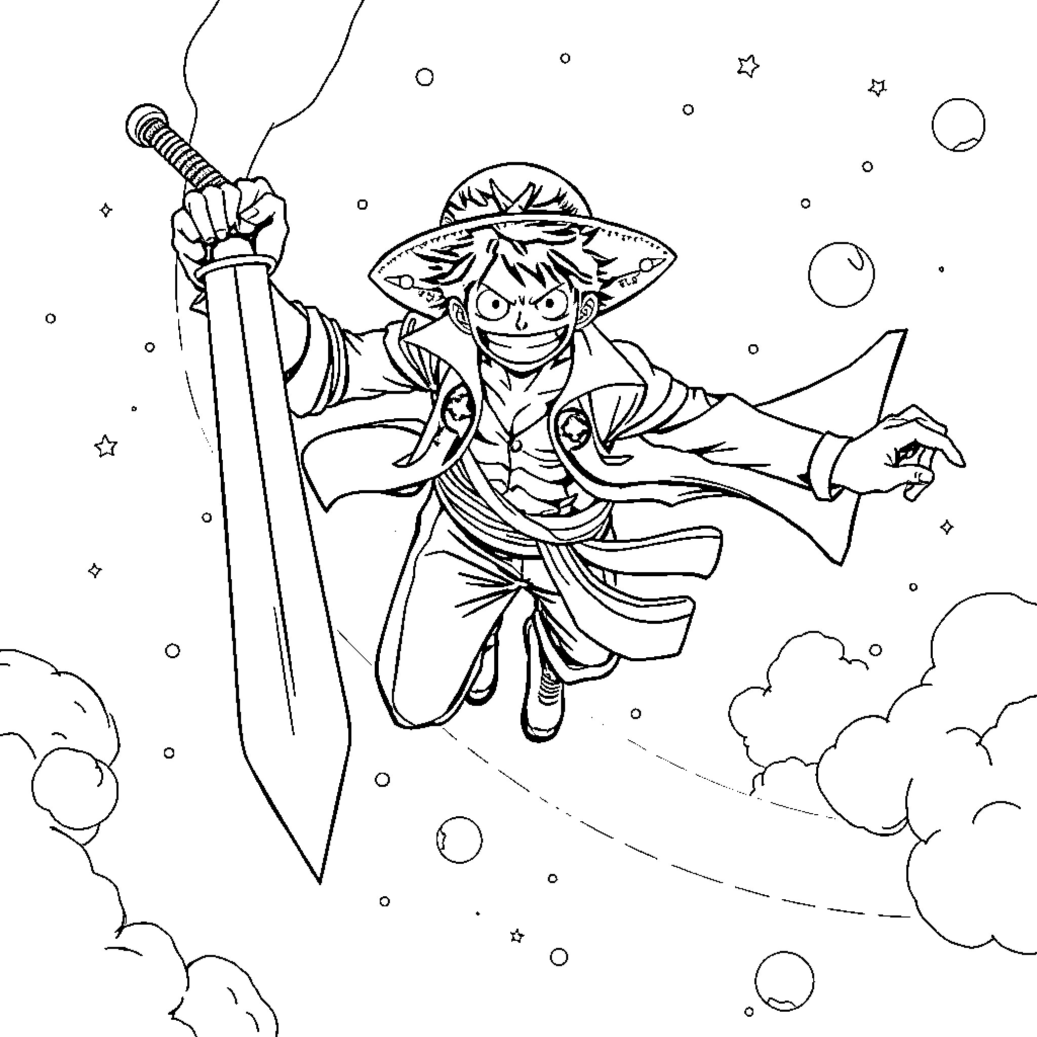 Zorro's Daring Sword Dance in the Clouds Coloring Page (free black-and-white line drawing printable PDF for all, from beginners to advanced learners, including children, teens, adults, and seniors)