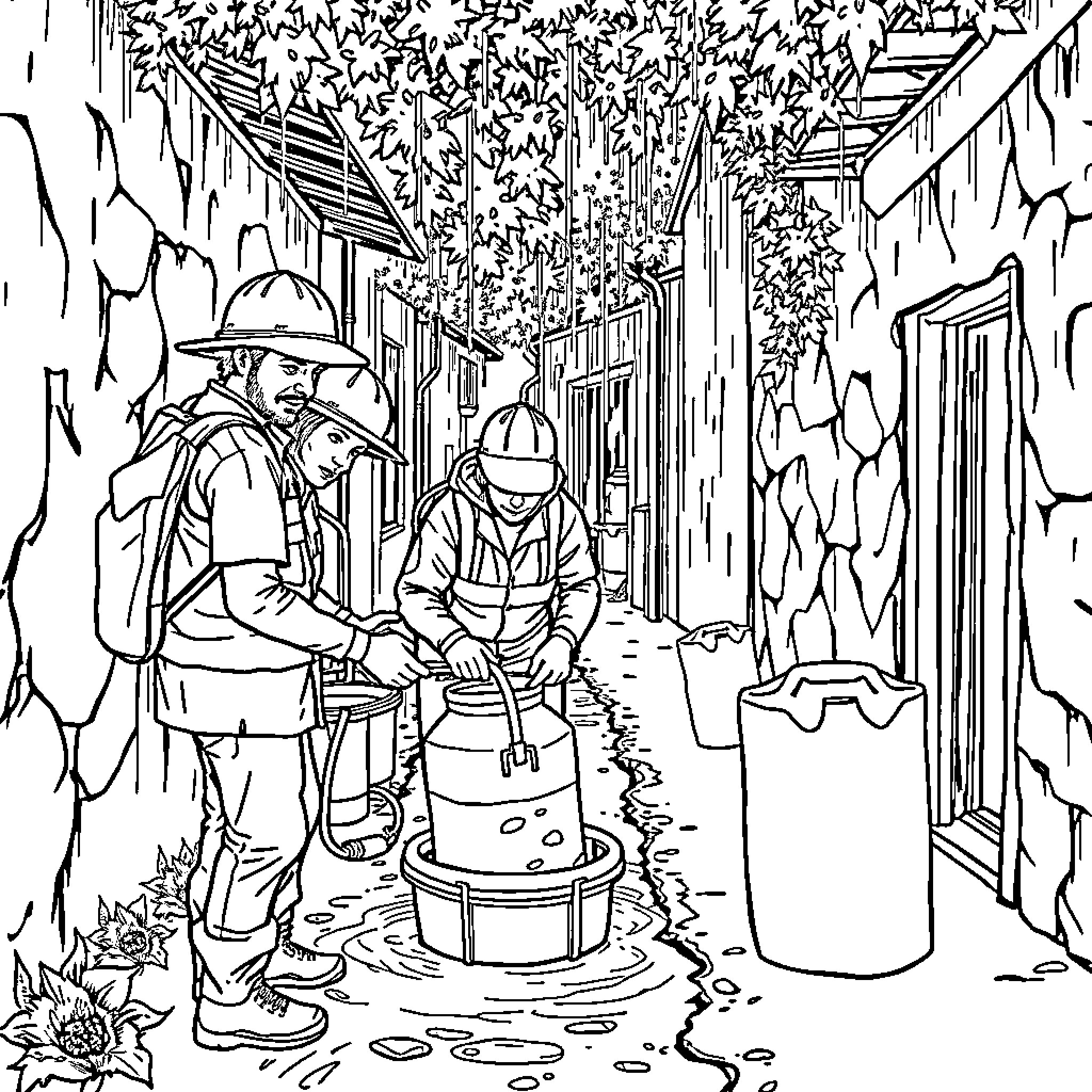 Volunteer workers clearing debris after natural disaster Coloring Page (free black-and-white line drawing printable PDF for all, from beginners to advanced learners, including children, teens, adults, and seniors)