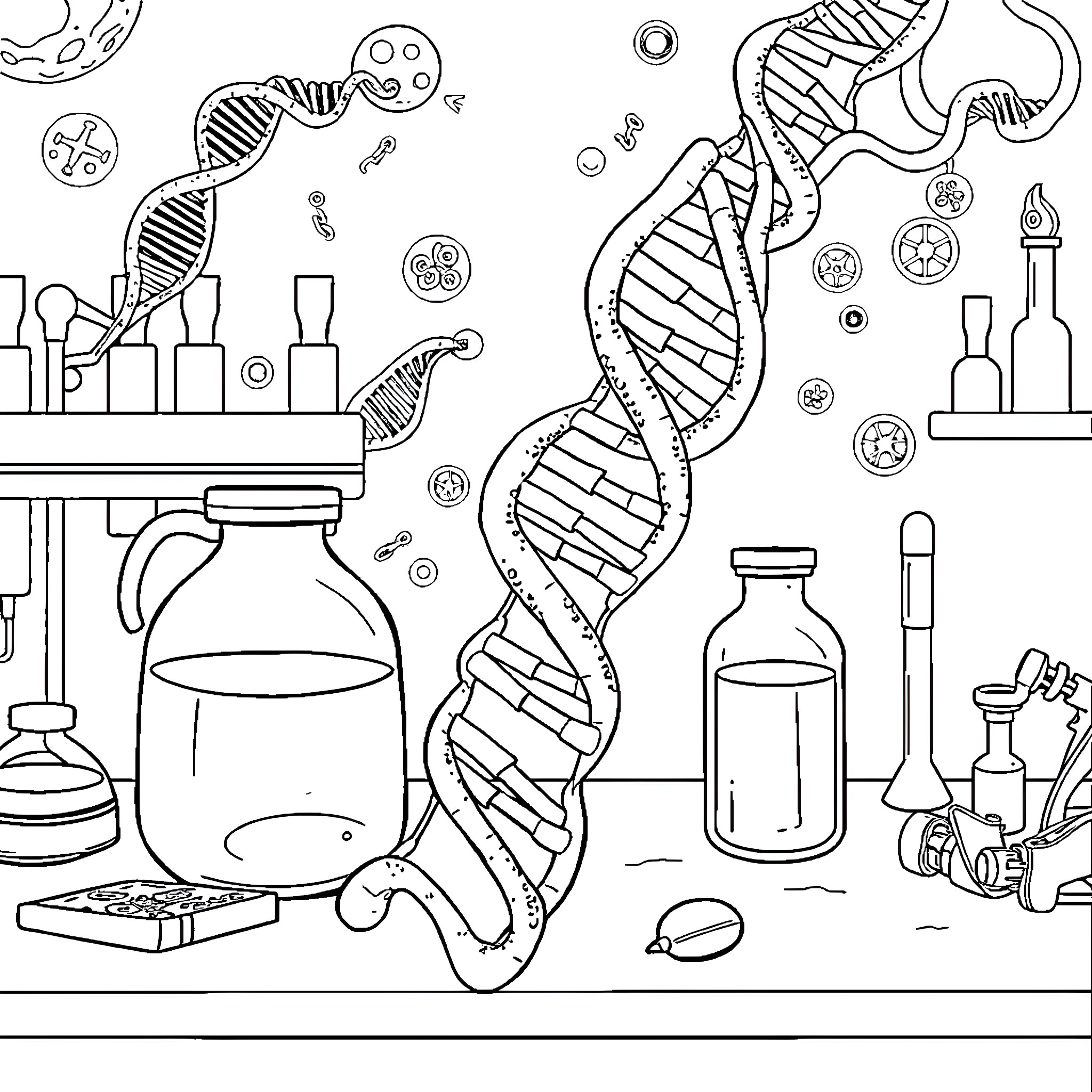 Genetics: Scientific Exploration of DNA and Laboratory Experiments Coloring Page (free black-and-white line drawing printable PDF for all, from beginners to advanced learners, including children, teens, adults, and seniors)