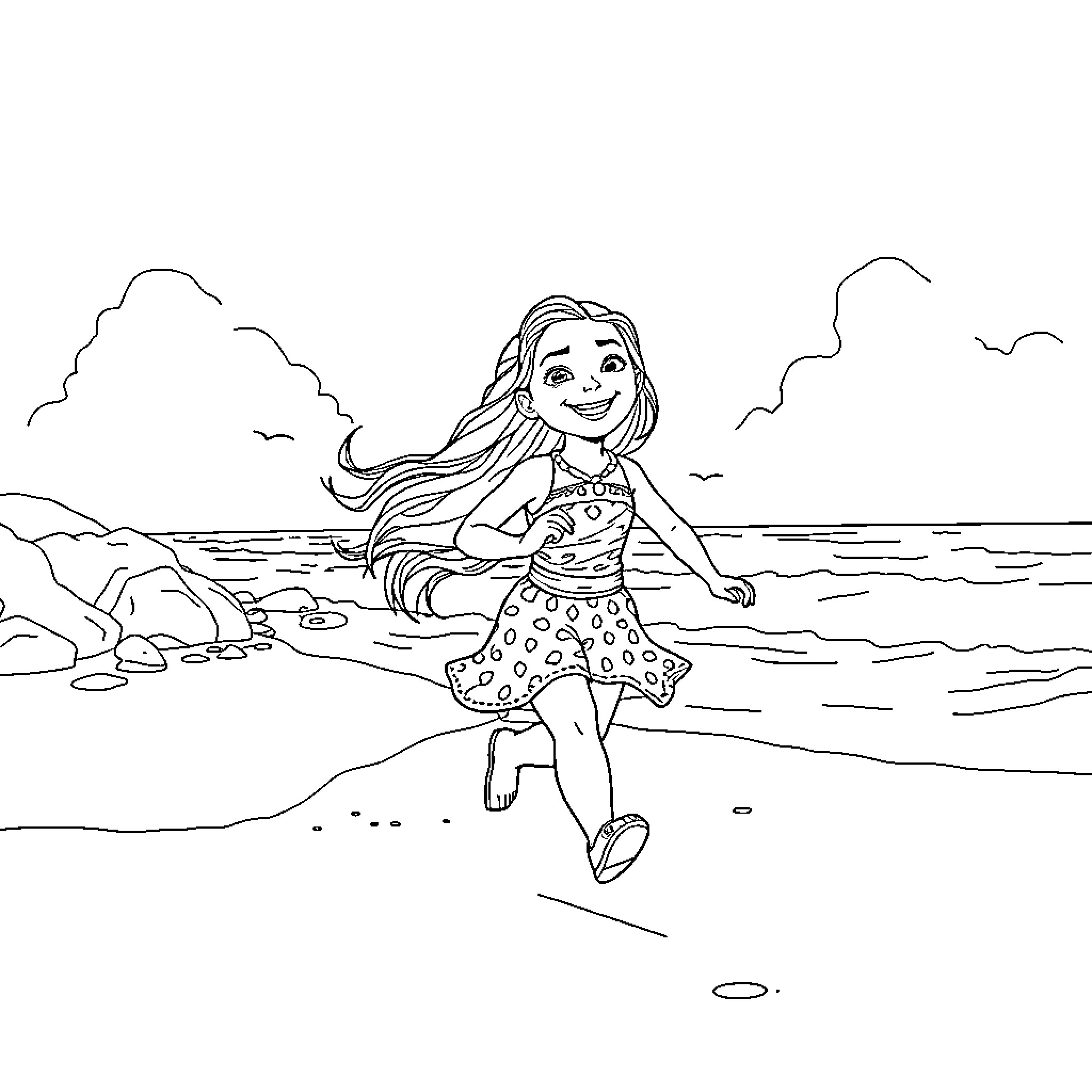 Moana enjoying a day at the beach Coloring Page (free black-and-white line drawing printable PDF for all, from beginners to advanced learners, including children, teens, adults, and seniors)