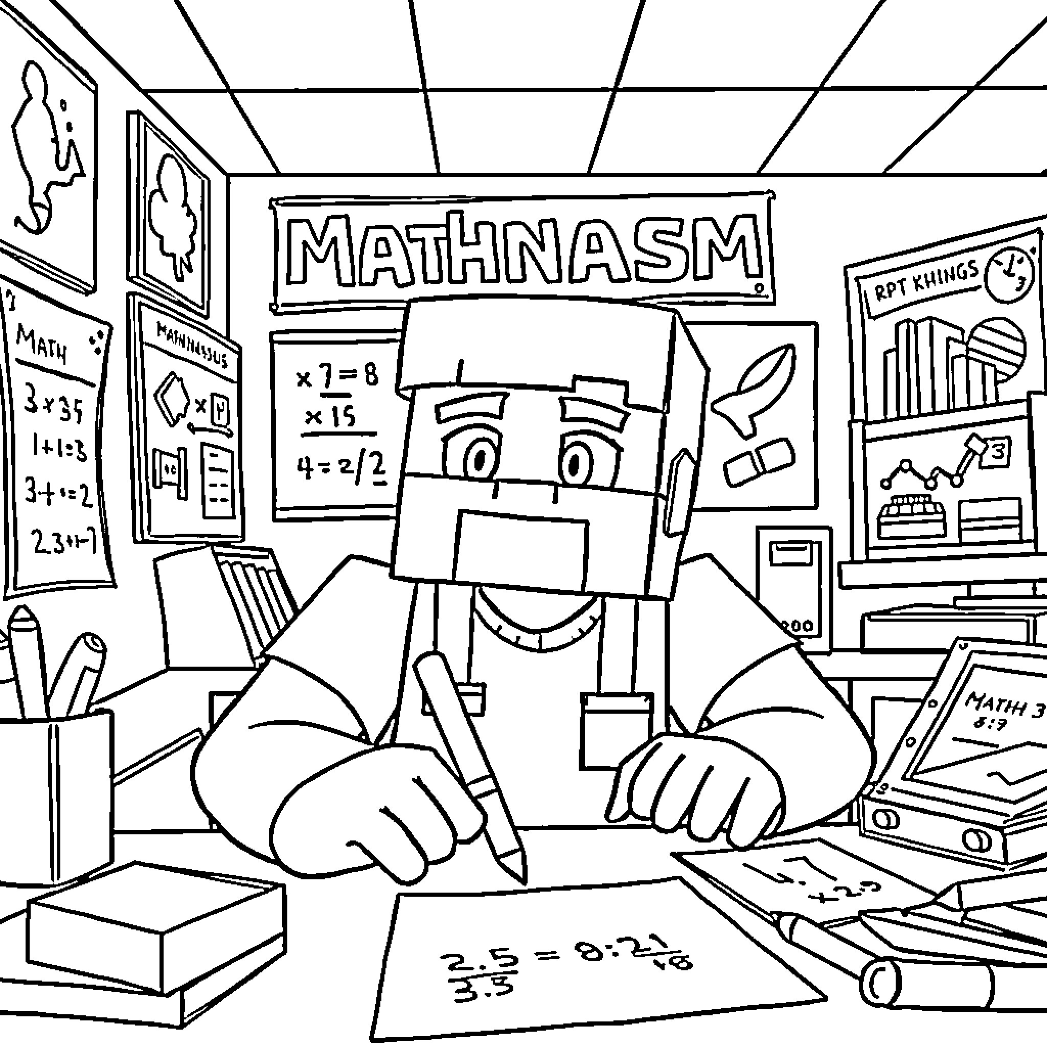 Steve's Math Class Adventure Coloring Page (free black-and-white line drawing printable PDF for all, from beginners to advanced learners, including children, teens, adults, and seniors)