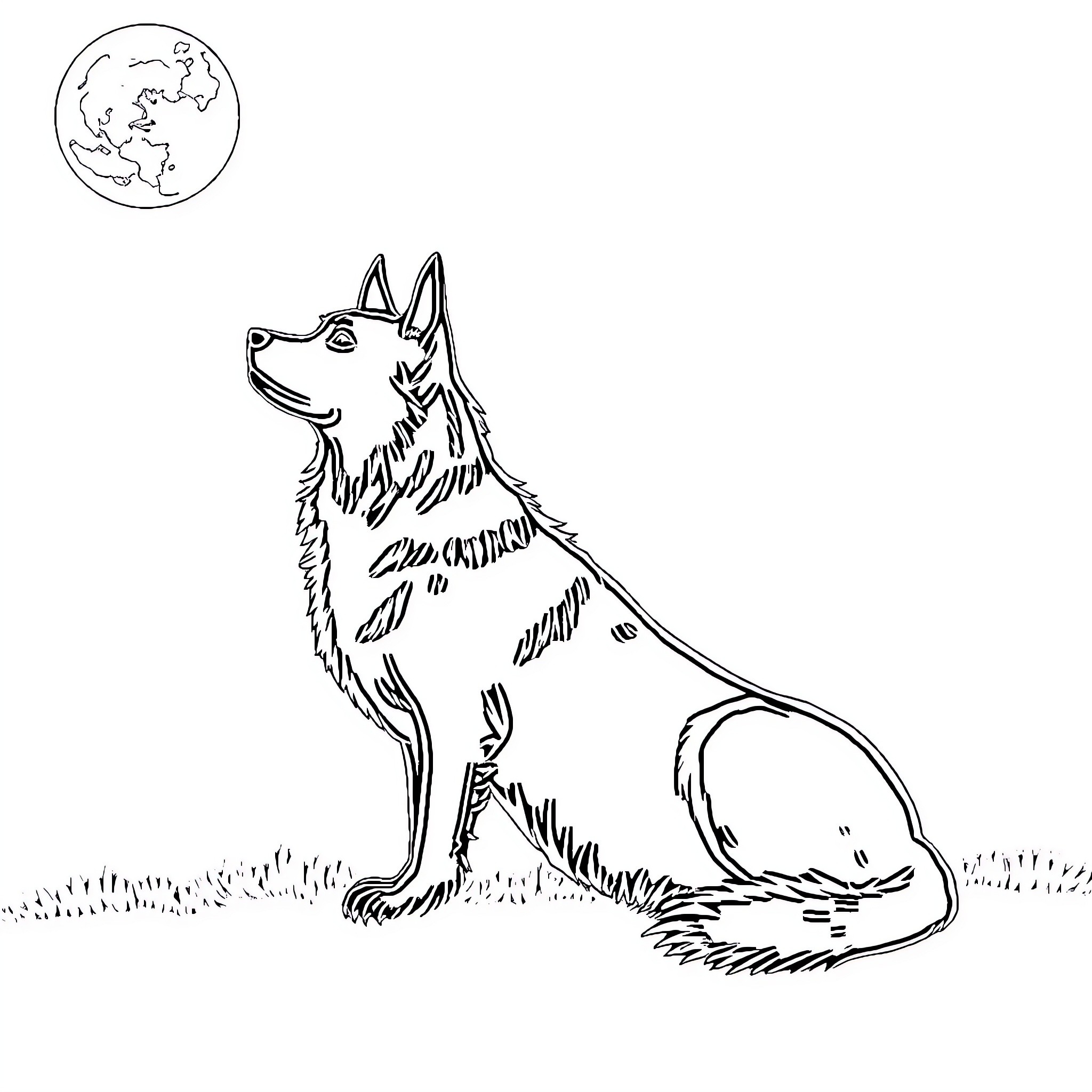 Dog sitting attentively under the moon Coloring Page (free black-and-white line drawing printable PDF for all, from beginners to advanced learners, including children, teens, adults, and seniors)