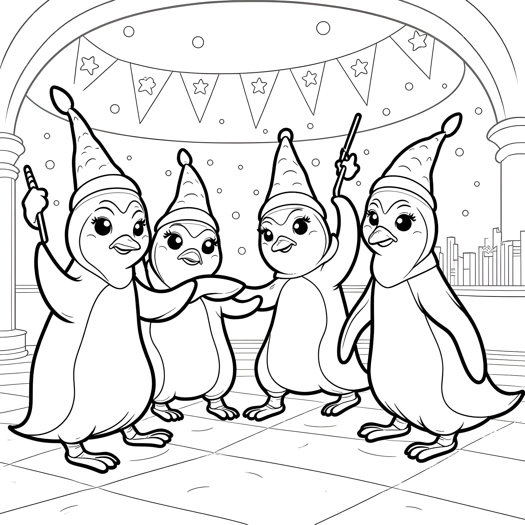 Penguins celebrating happily in a festive party Coloring Page (free black-and-white line drawing printable PDF for all, from beginners to advanced learners, including children, teens, adults, and seniors)
