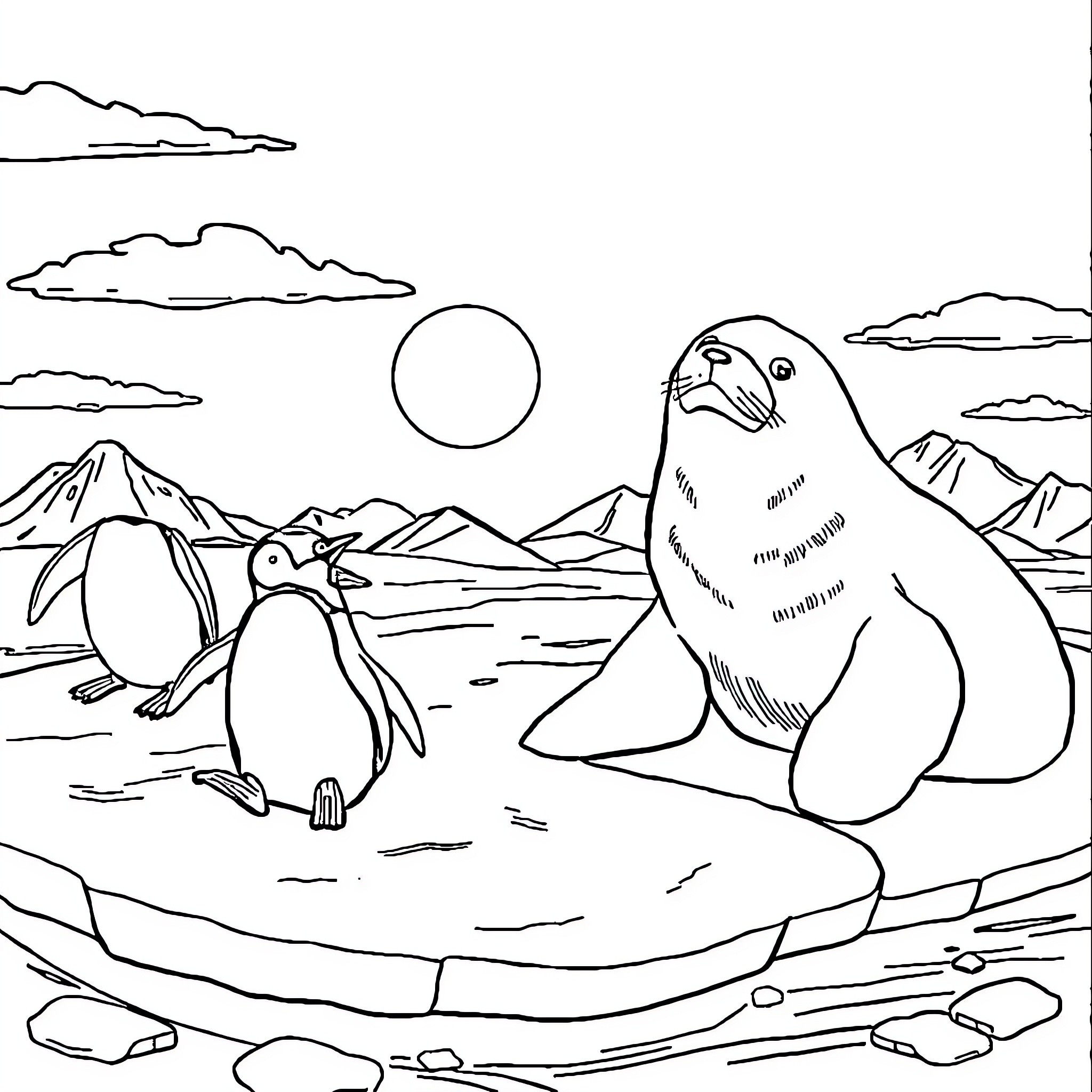 Antarctica wildlife enjoying the wilderness Coloring Page (free black-and-white line drawing printable PDF for all, from beginners to advanced learners, including children, teens, adults, and seniors)