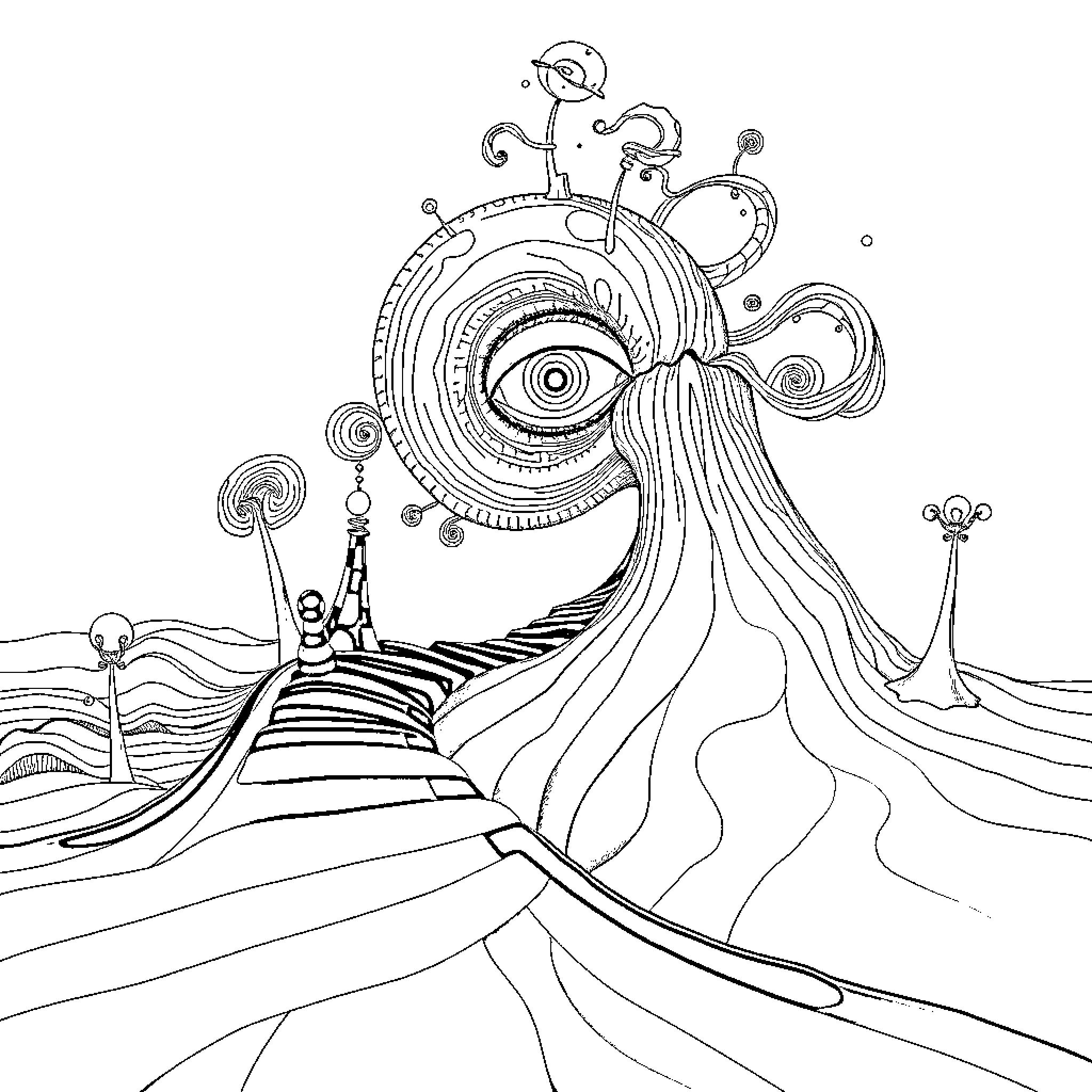 Dali's Surreal Landscape with Dreamlike Elements Coloring Page (free black-and-white line drawing printable PDF for all, from beginners to advanced learners, including children, teens, adults, and seniors)