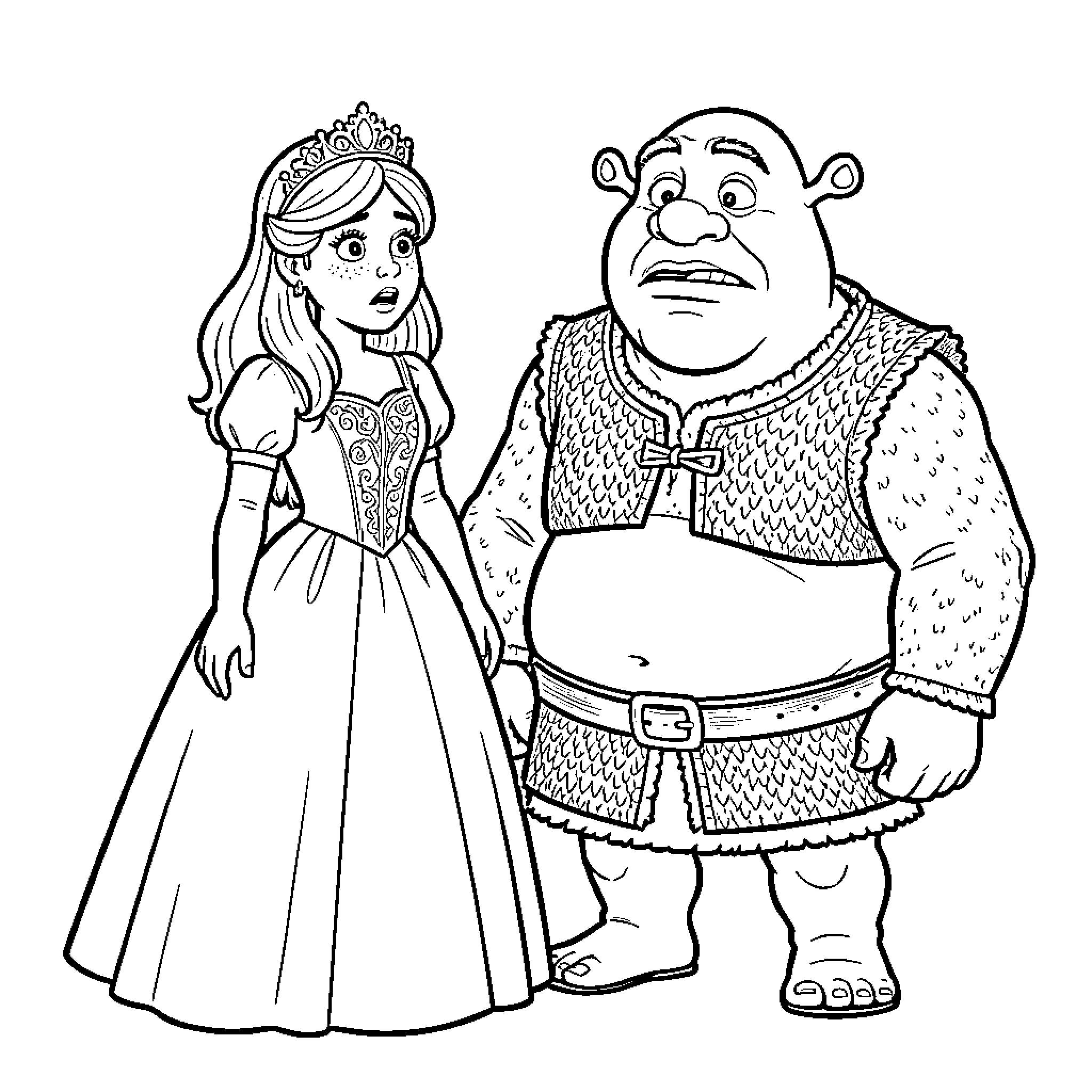 Princess looking surprised while standing next to an ogre Coloring Page (free black-and-white line drawing printable PDF for all, from beginners to advanced learners, including children, teens, adults, and seniors)