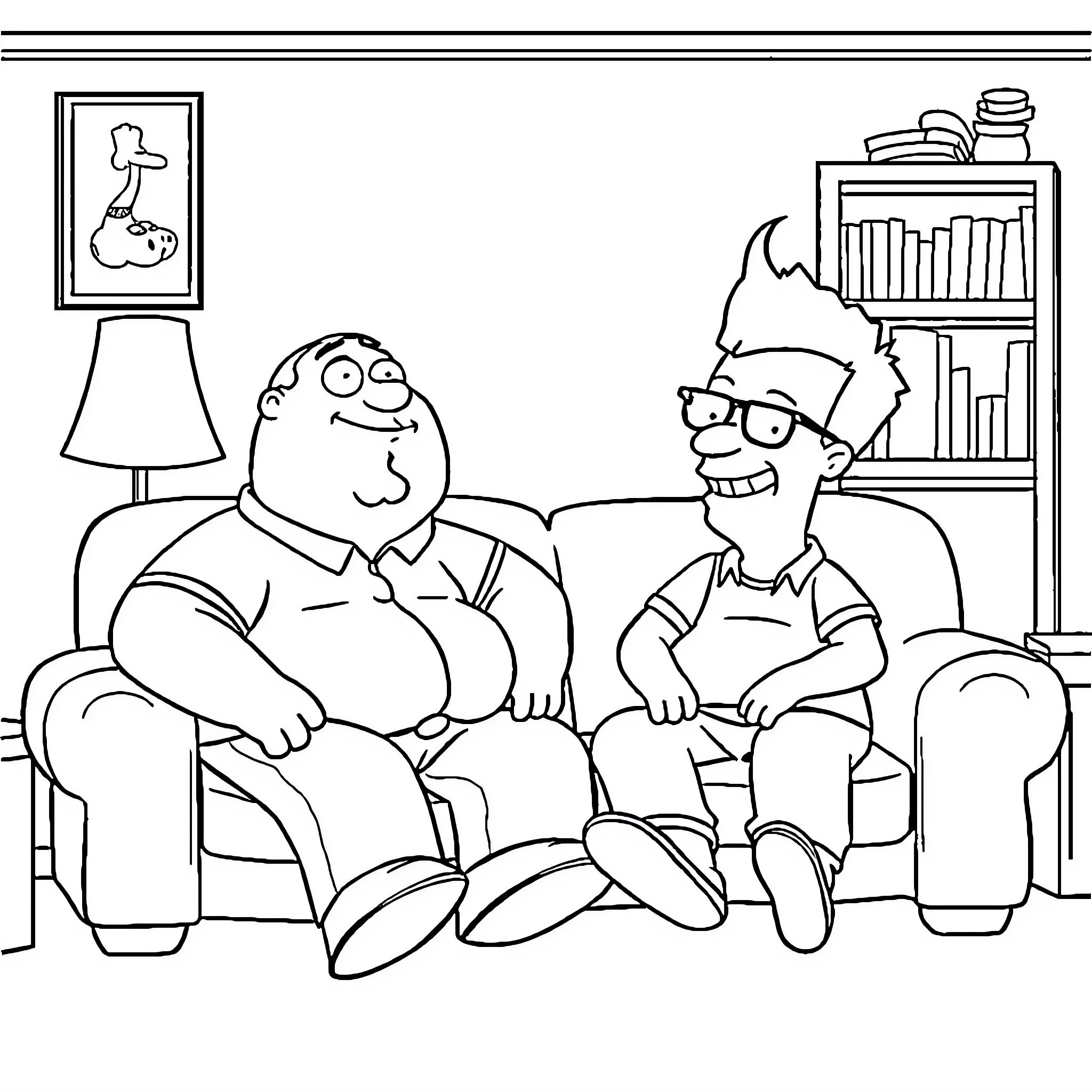 Brian and his friend relaxing on the couch Coloring Page (free black-and-white line drawing printable PDF for all, from beginners to advanced learners, including children, teens, adults, and seniors)