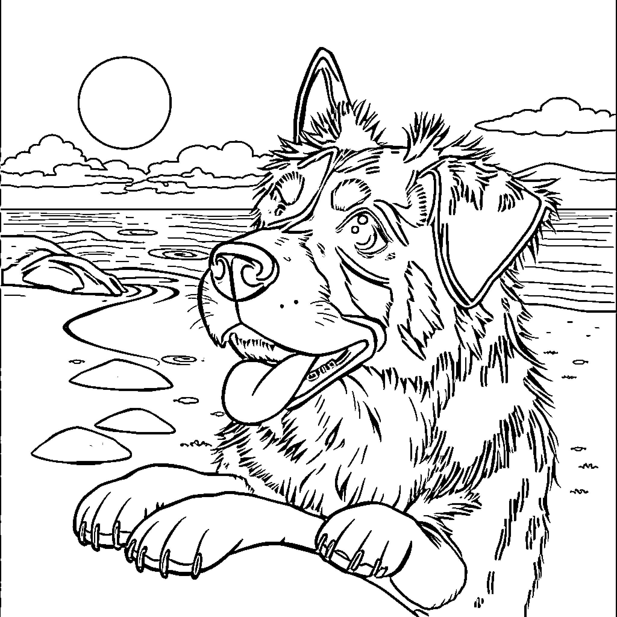 Dog enjoying the scenic seaside landscape Coloring Page (free black-and-white line drawing printable PDF for all, from beginners to advanced learners, including children, teens, adults, and seniors)