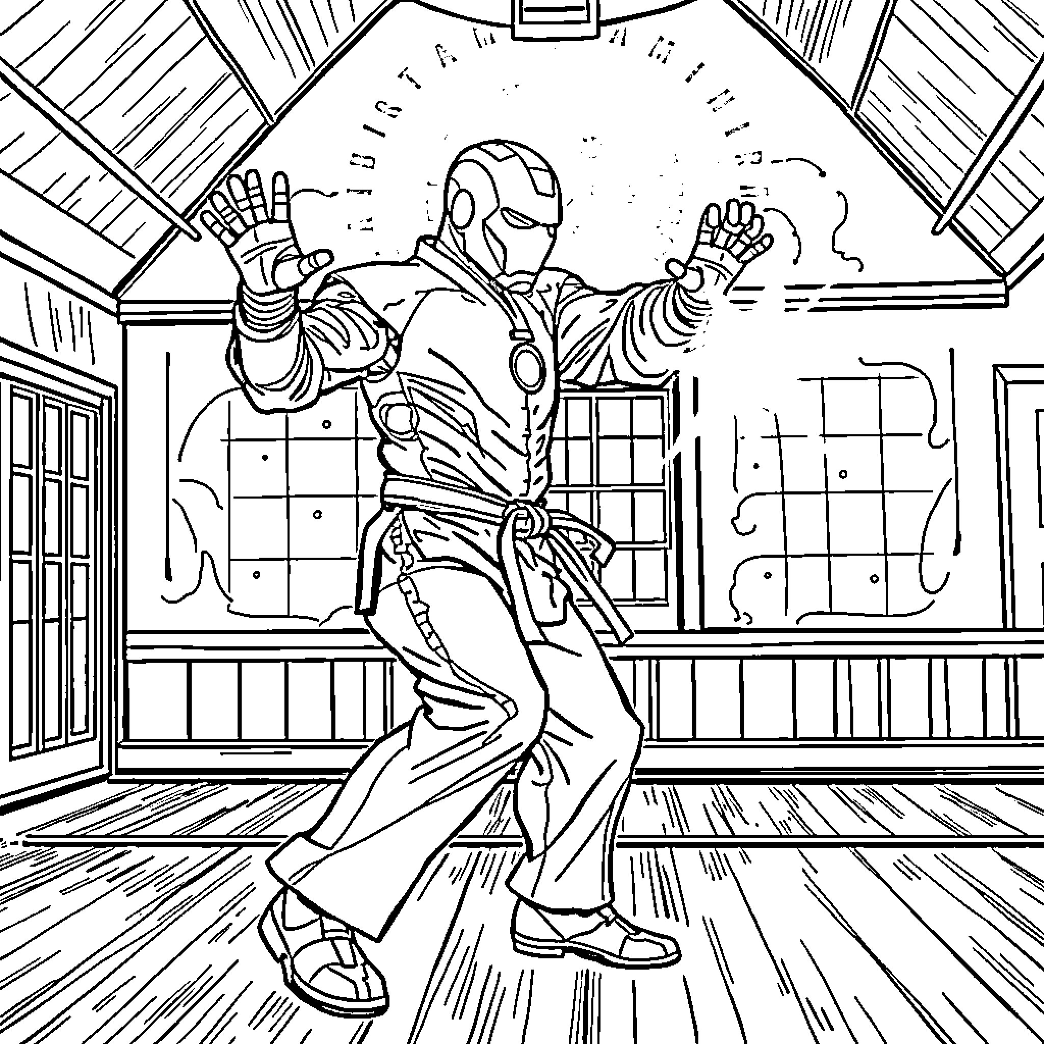 Ironman in action-packed superhero pose Coloring Page (free black-and-white line drawing printable PDF for all, from beginners to advanced learners, including children, teens, adults, and seniors)
