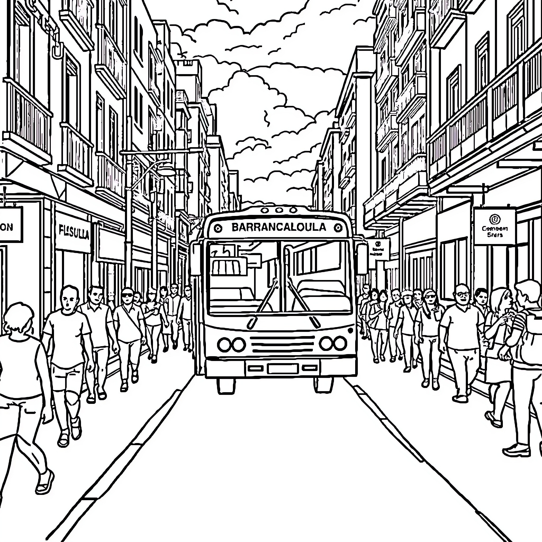 Bus crowded with passengers on busy city street Coloring Page (free black-and-white line drawing printable PDF for all, from beginners to advanced learners, including children, teens, adults, and seniors)