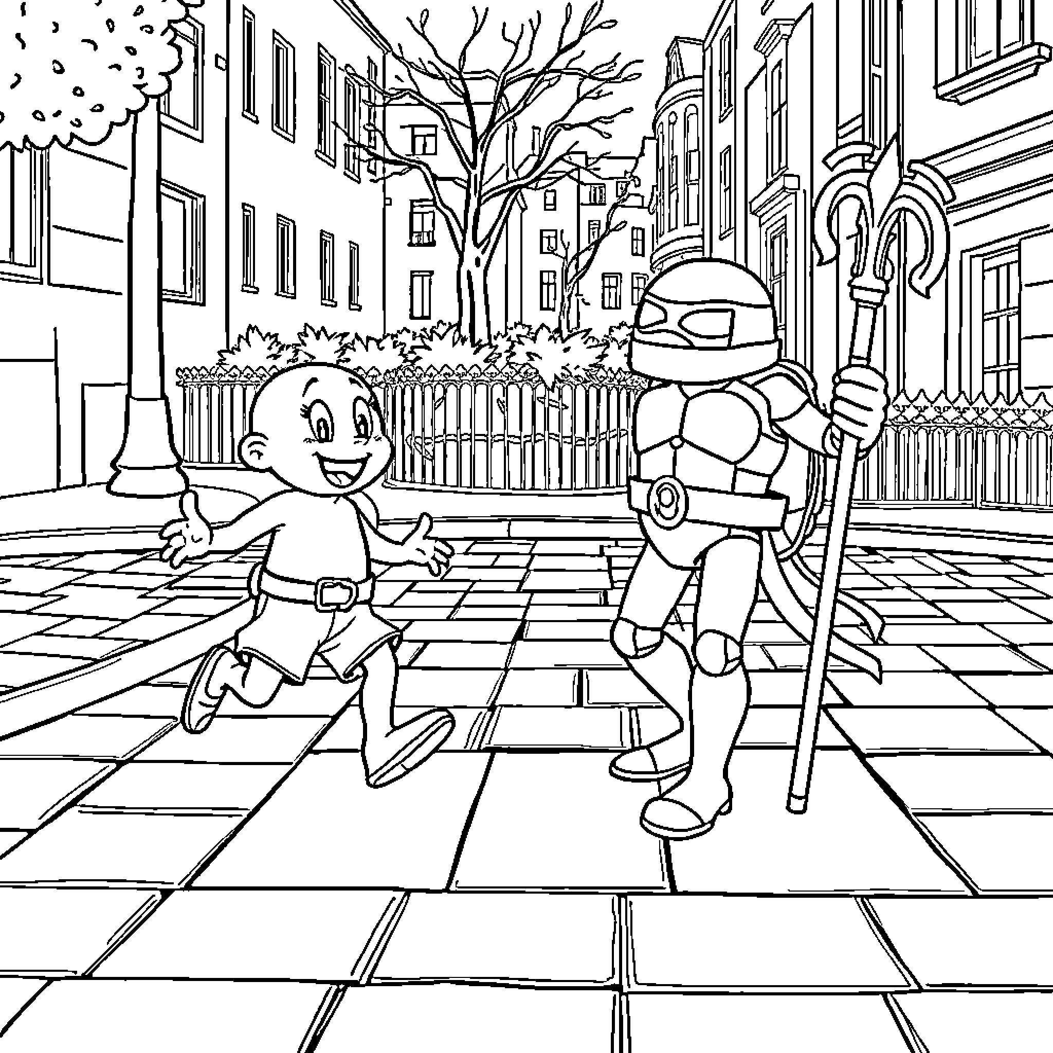 Bluey exploring the city with a friend Coloring Page (free black-and-white line drawing printable PDF for all, from beginners to advanced learners, including children, teens, adults, and seniors)