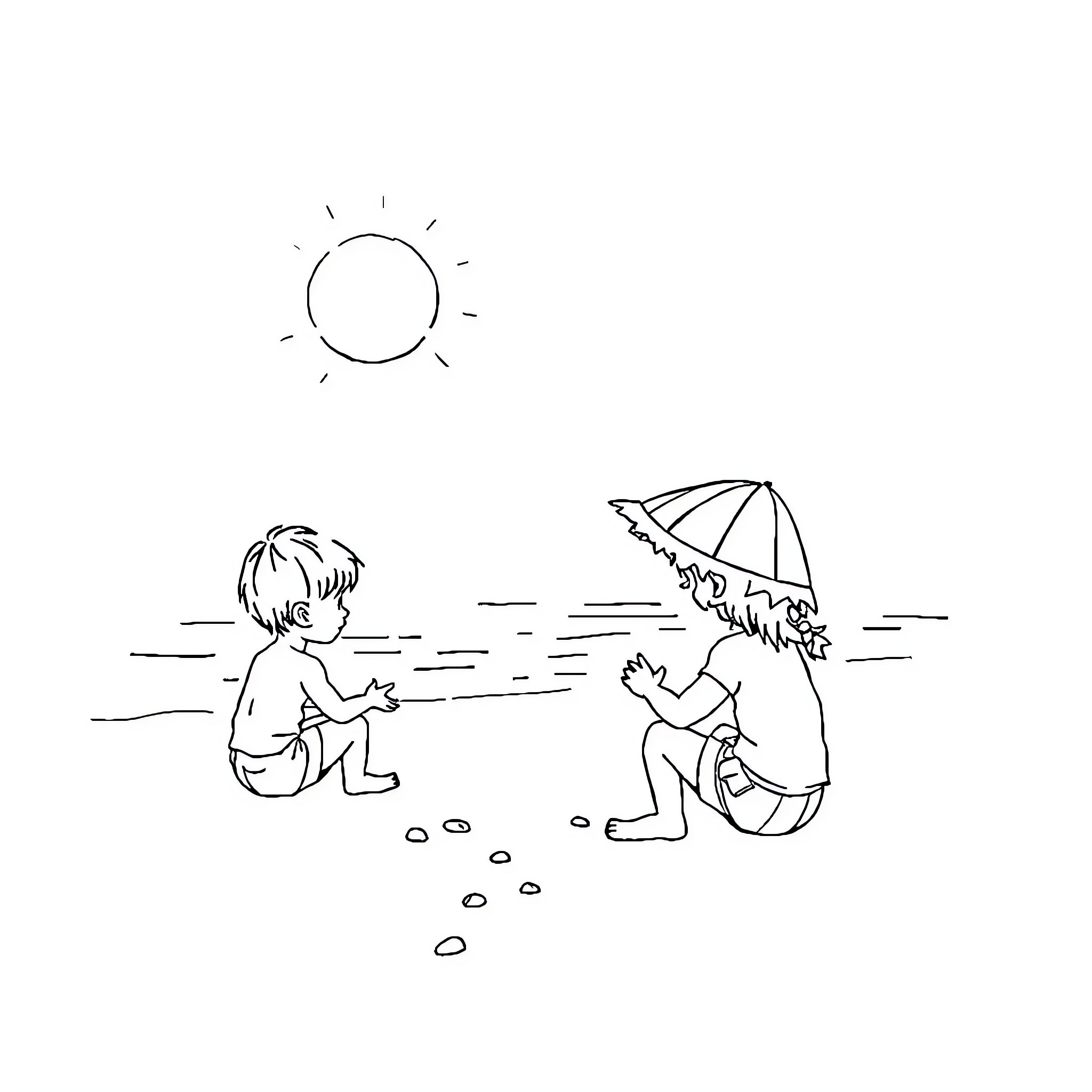 Semilleros playing on the beach under the sun Coloring Page (free black-and-white line drawing printable PDF for all, from beginners to advanced learners, including children, teens, adults, and seniors)