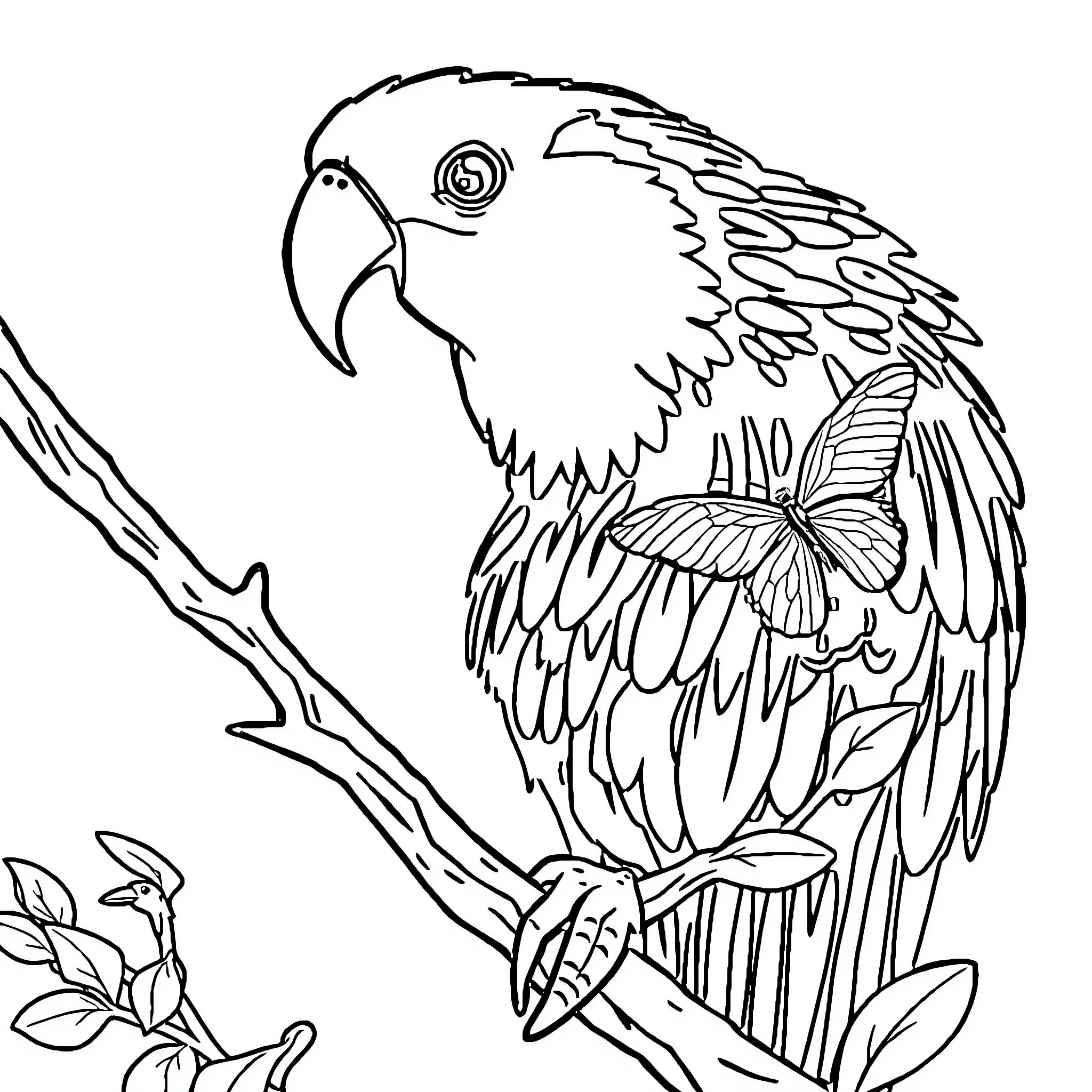 Animal parrot with butterfly perched on branch Coloring Page (free black-and-white line drawing printable PDF for all, from beginners to advanced learners, including children, teens, adults, and seniors)