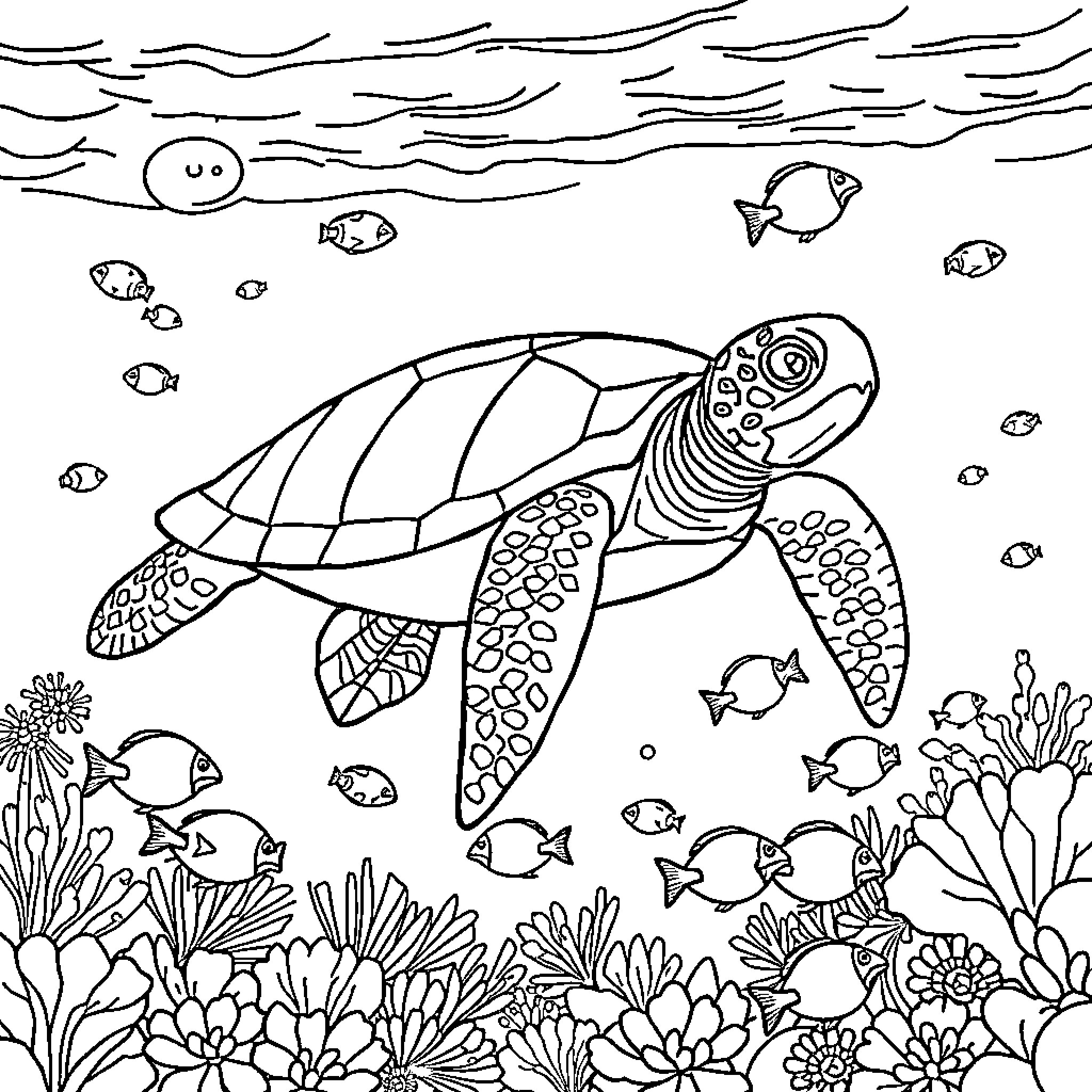 Sea Turtle swimming gracefully in the underwater scene Coloring Page (free black-and-white line drawing printable PDF for all, from beginners to advanced learners, including children, teens, adults, and seniors)