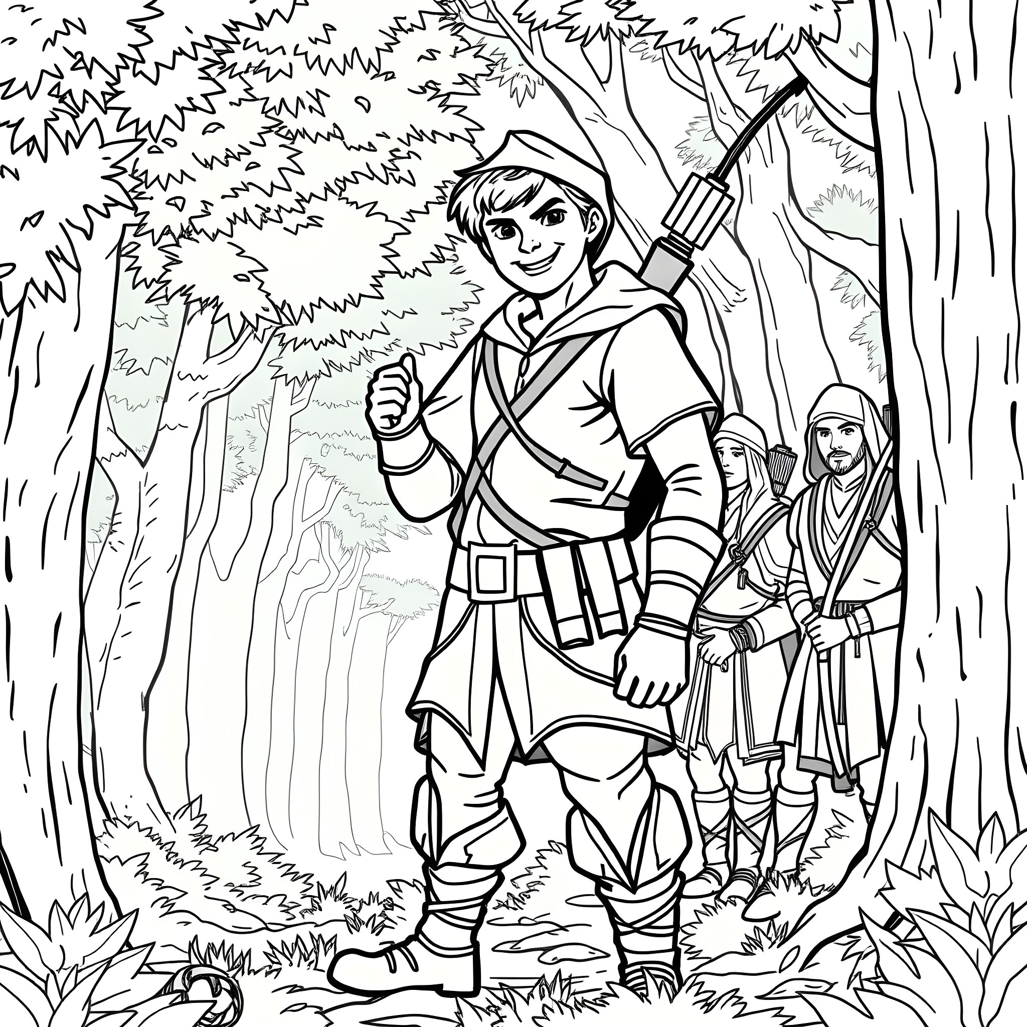 Robin Hood Leading His Merry Men Through the Forest Coloring Page (free black-and-white line drawing printable PDF for all, from beginners to advanced learners, including children, teens, adults, and seniors)
