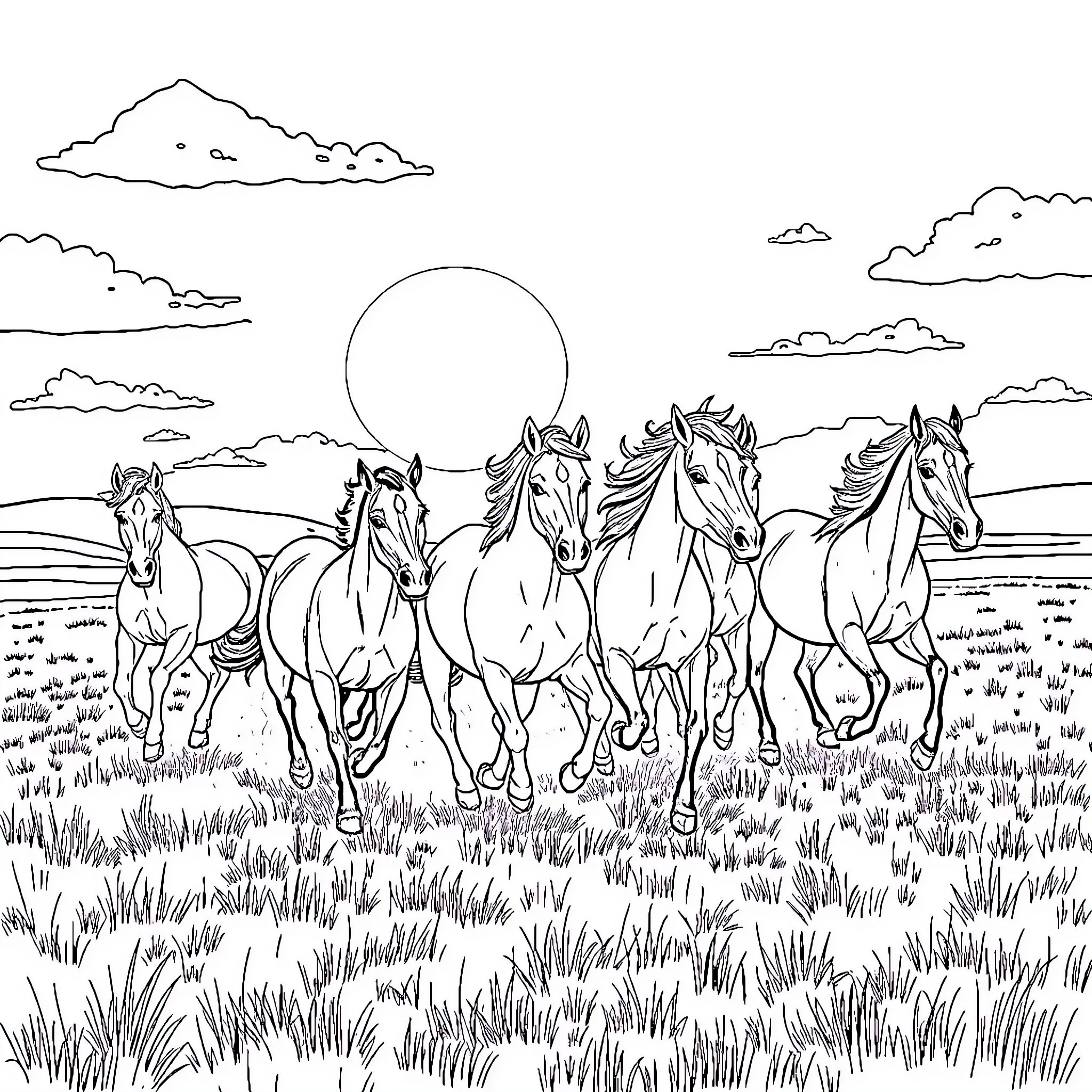 Horse herd galloping across the field Coloring Page (free black-and-white line drawing printable PDF for all, from beginners to advanced learners, including children, teens, adults, and seniors)