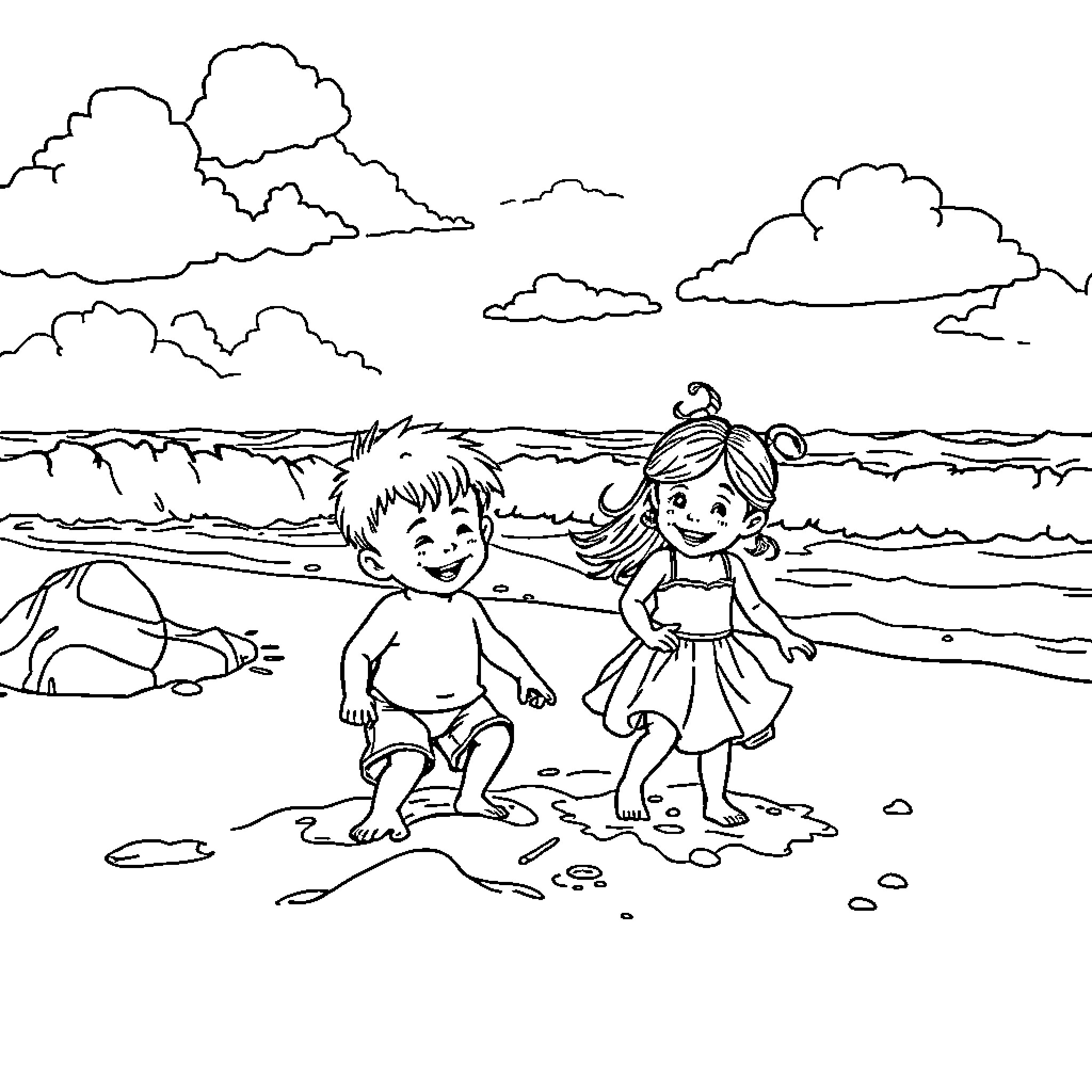 Beach scene with children playing happily Coloring Page (free black-and-white line drawing printable PDF for all, from beginners to advanced learners, including children, teens, adults, and seniors)