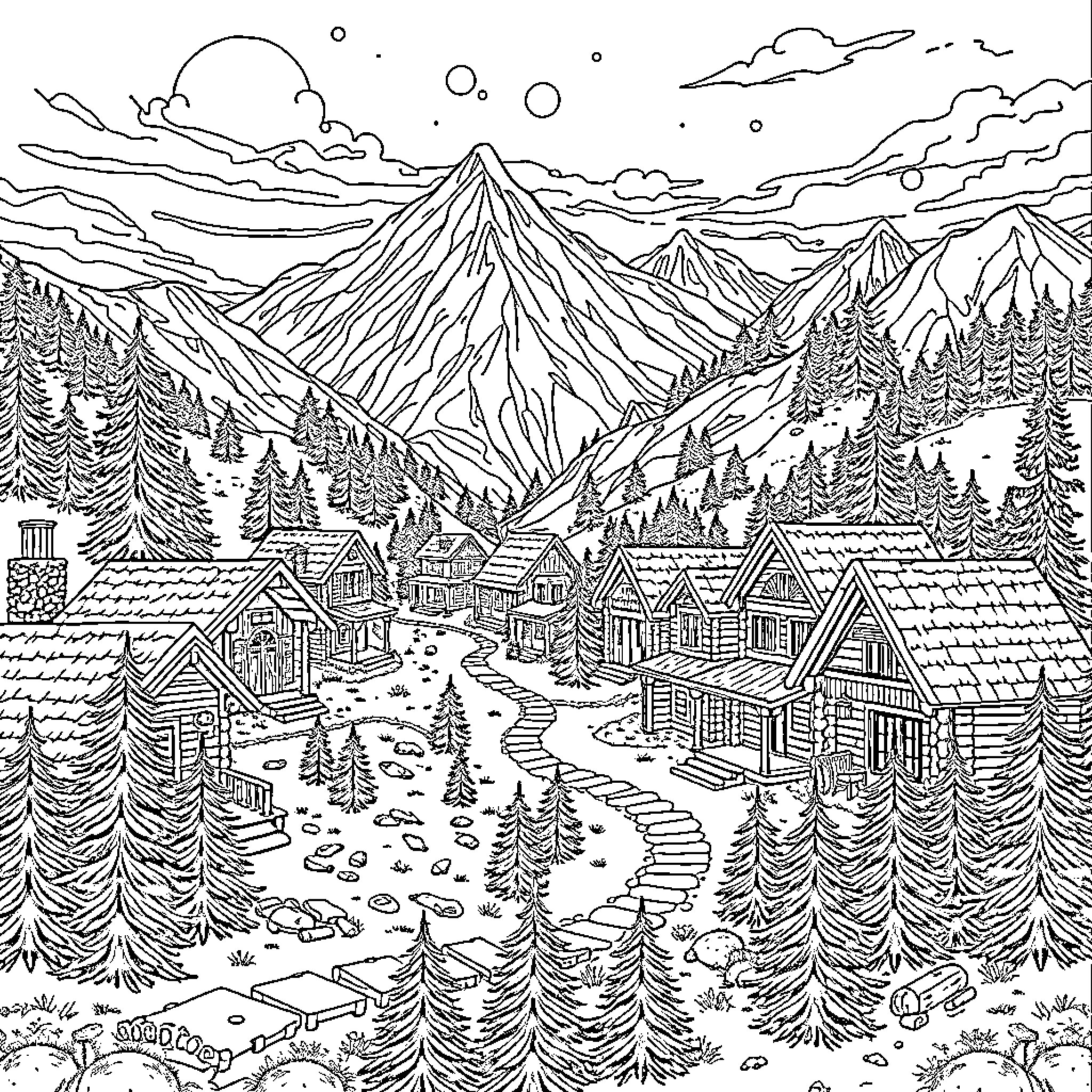 Cabin in the Snowy Mountain Village Coloring Page (free black-and-white line drawing printable PDF for all, from beginners to advanced learners, including children, teens, adults, and seniors)
