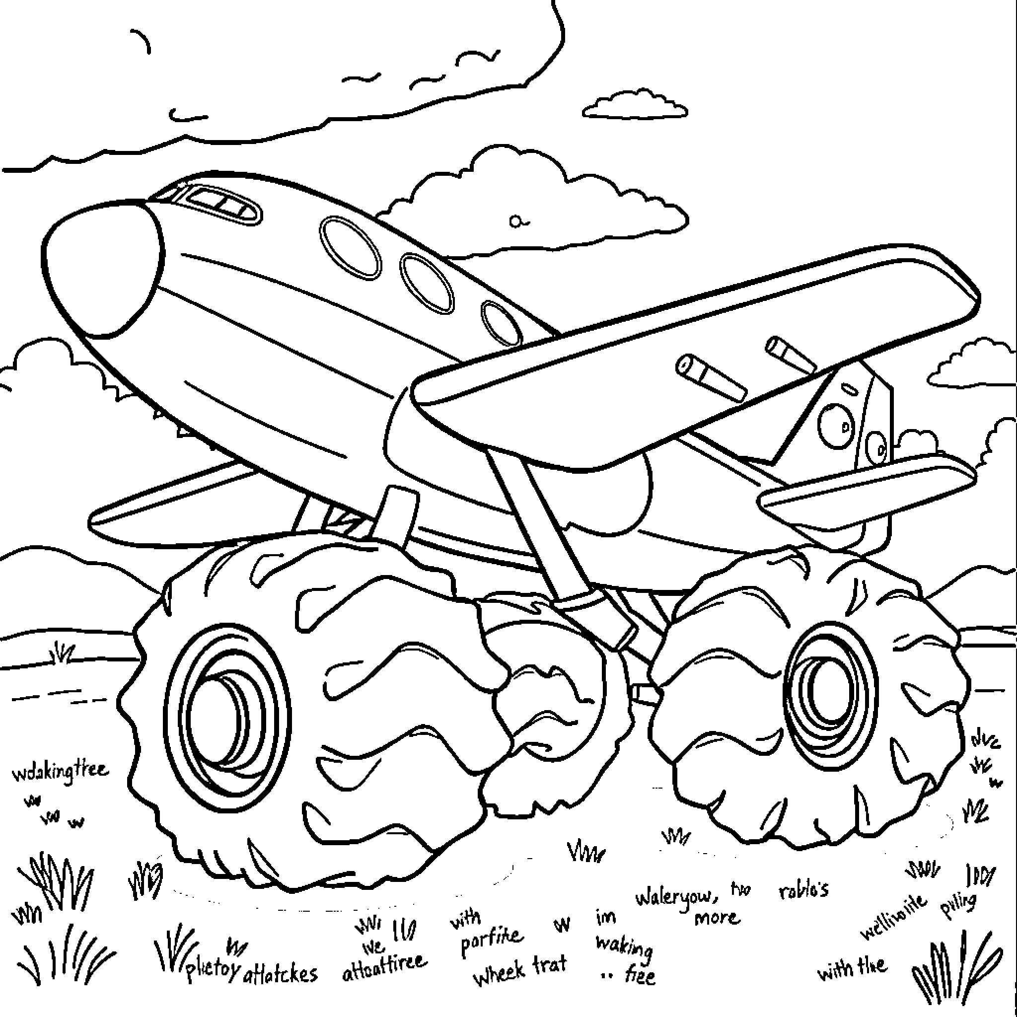 Airplane flying over rugged terrain Coloring Page (free black-and-white line drawing printable PDF for all, from beginners to advanced learners, including children, teens, adults, and seniors)