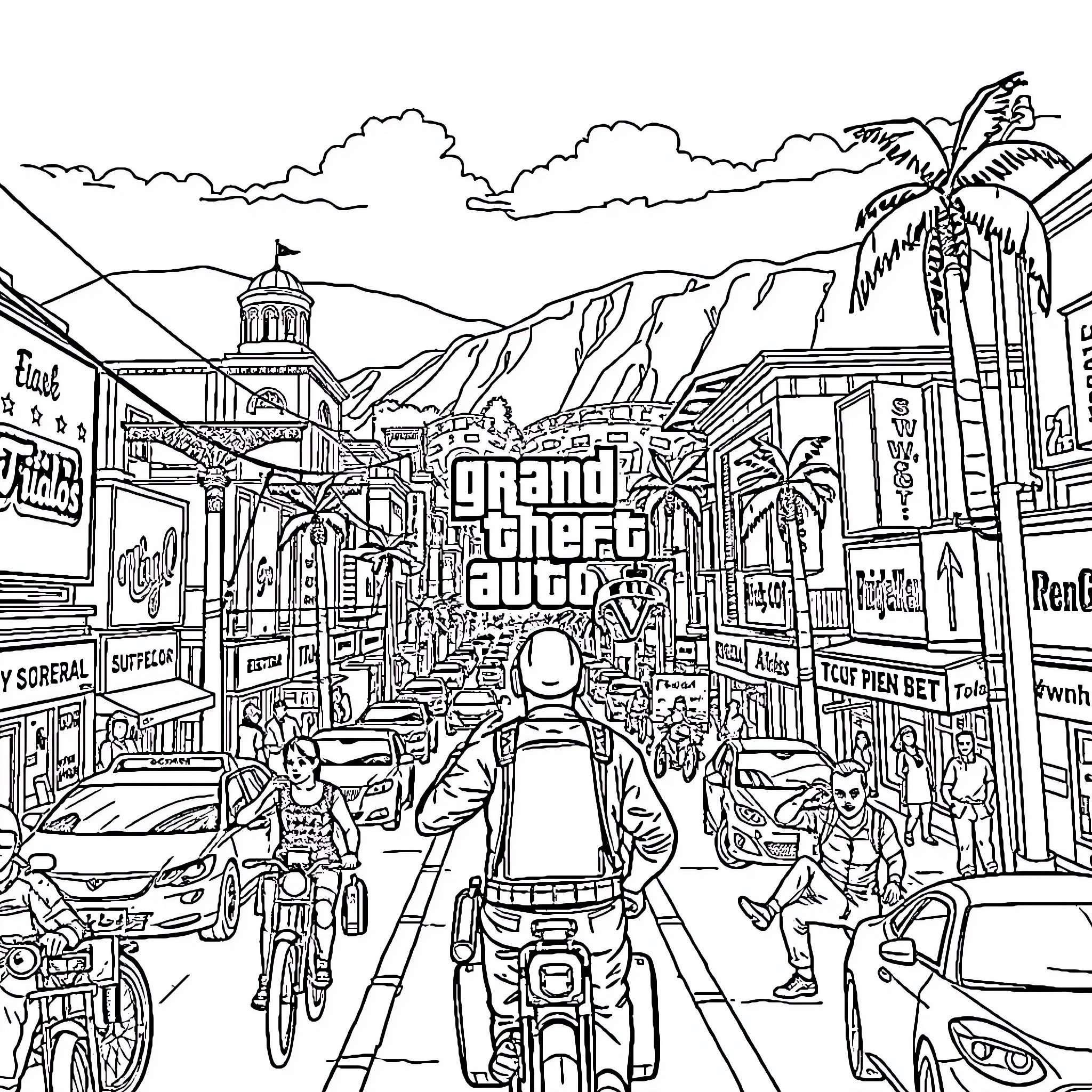 Gta6 Vibrant City with Action and Adventure Coloring Page (free black-and-white line drawing printable PDF for all, from beginners to advanced learners, including children, teens, adults, and seniors)