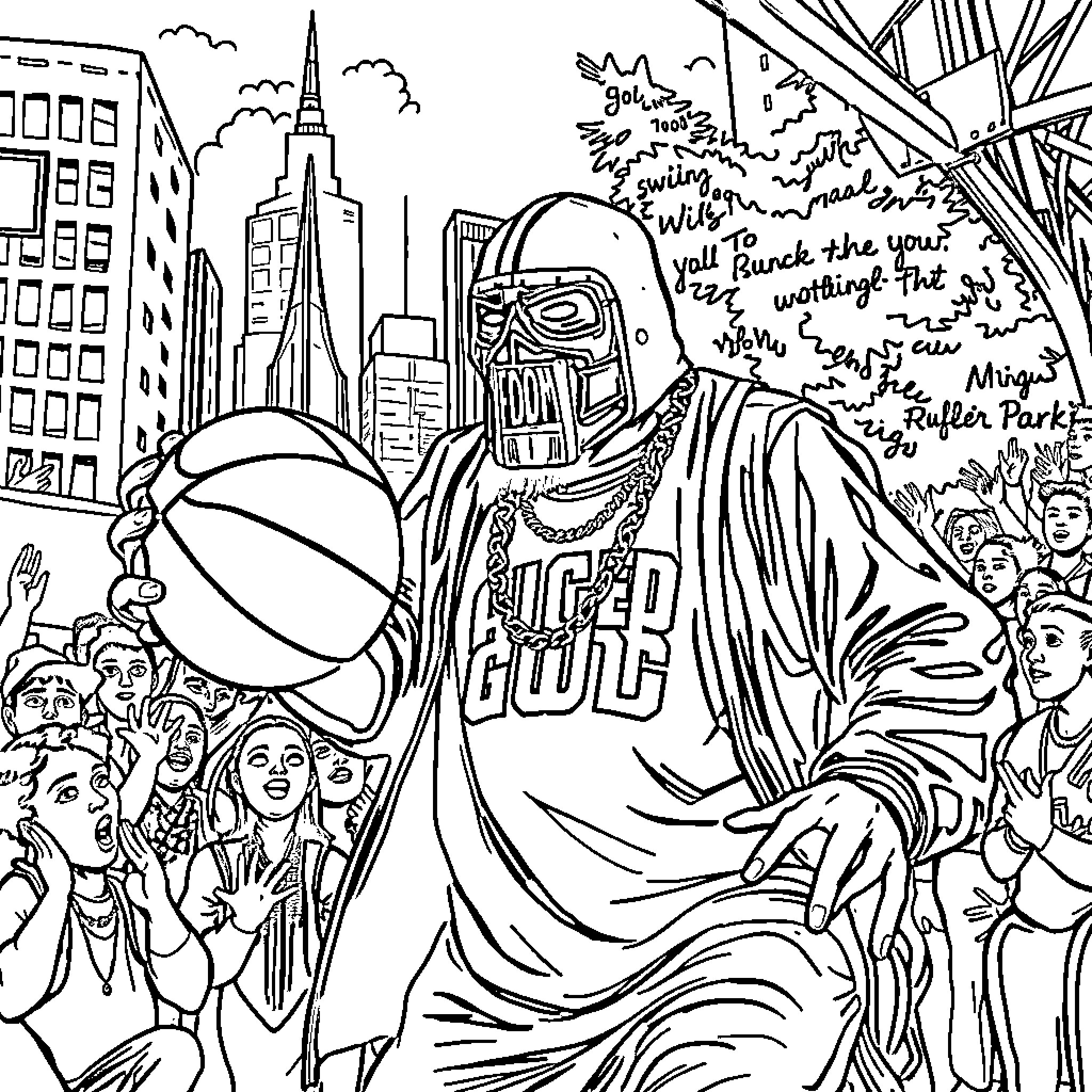MF DOOM walking through the bustling city streets Coloring Page (free black-and-white line drawing printable PDF for all, from beginners to advanced learners, including children, teens, adults, and seniors)
