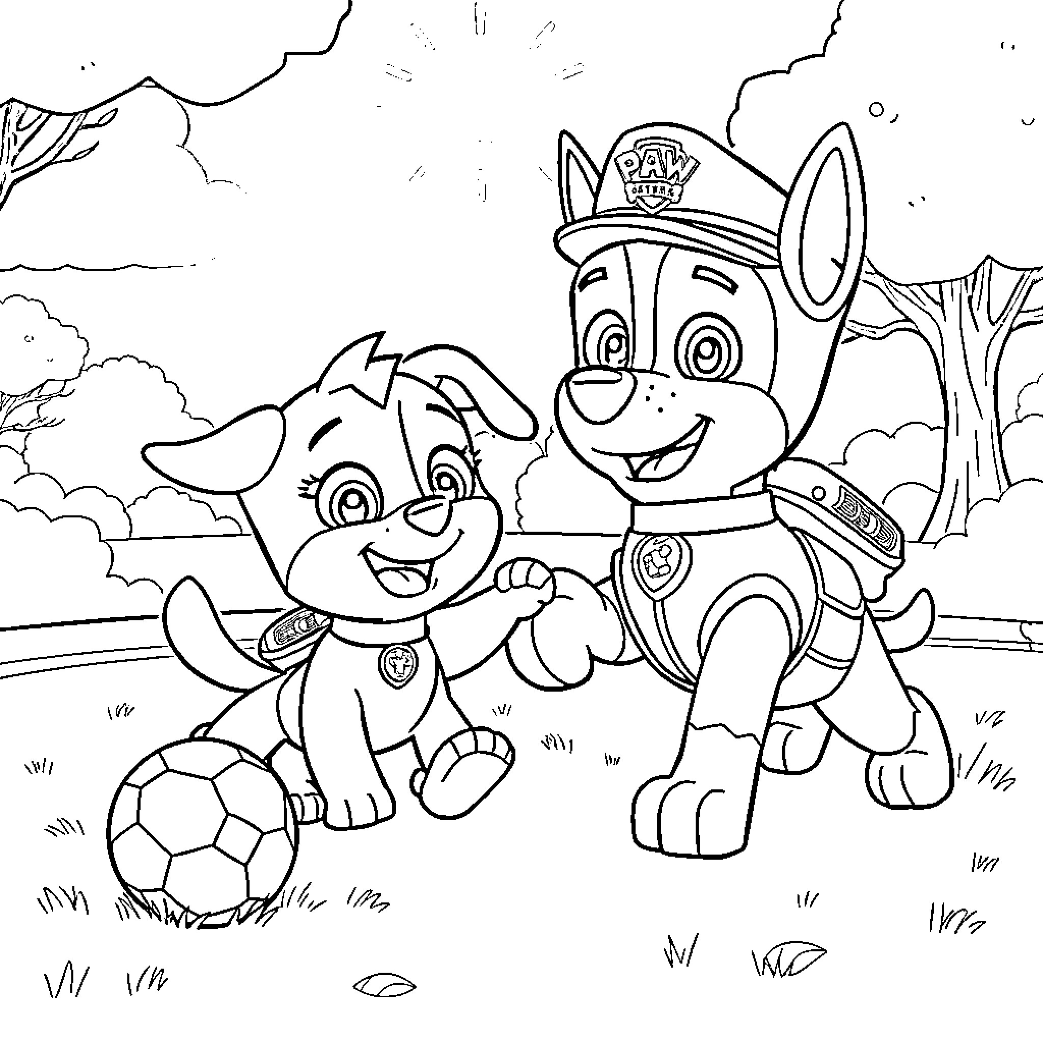 Bluey and Paw Patrol Pup Playing Soccer Coloring Page (free black-and-white line drawing printable PDF for all, from beginners to advanced learners, including children, teens, adults, and seniors)