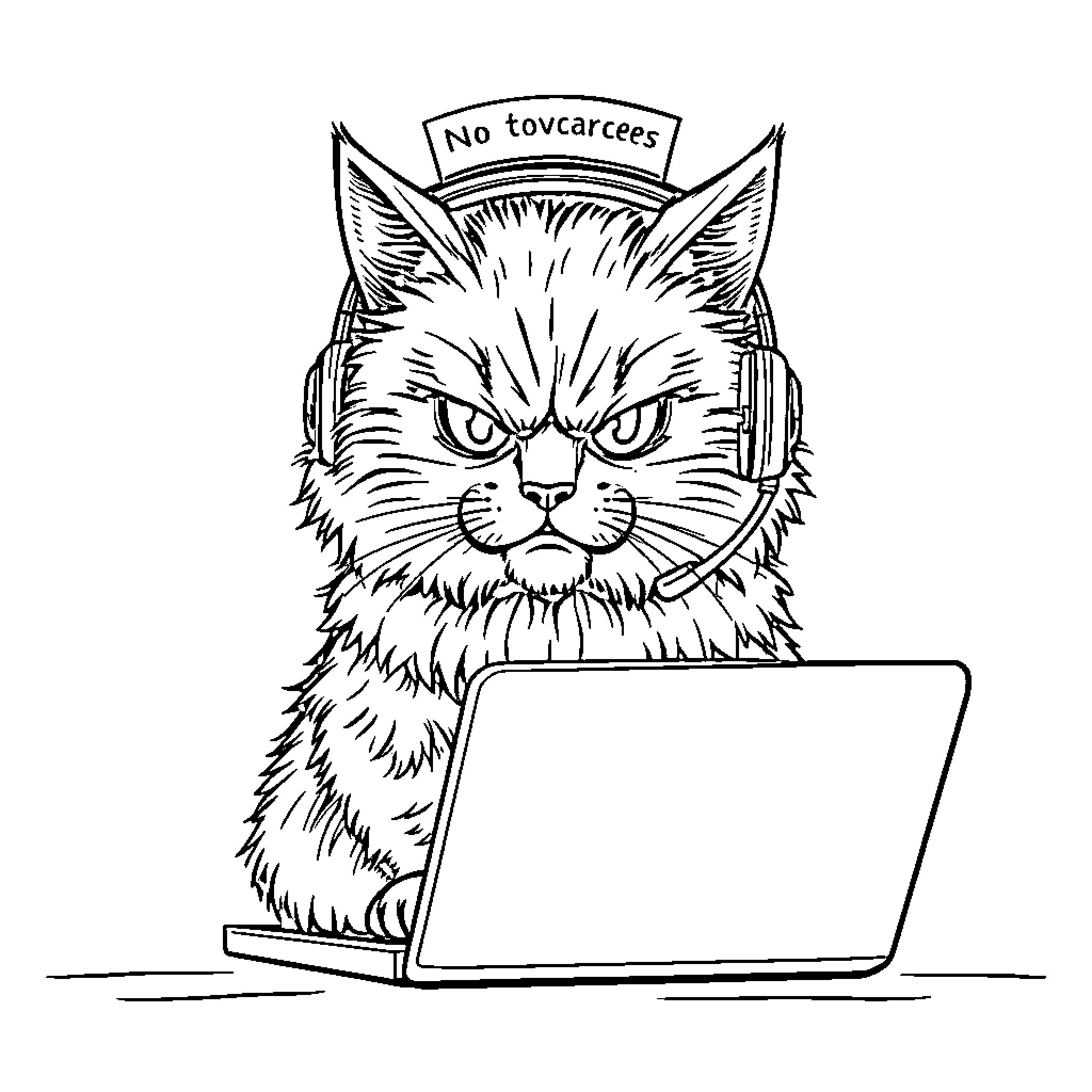 Cat with grumpy expression using a laptop Coloring Page (free black-and-white line drawing printable PDF for all, from beginners to advanced learners, including children, teens, adults, and seniors)