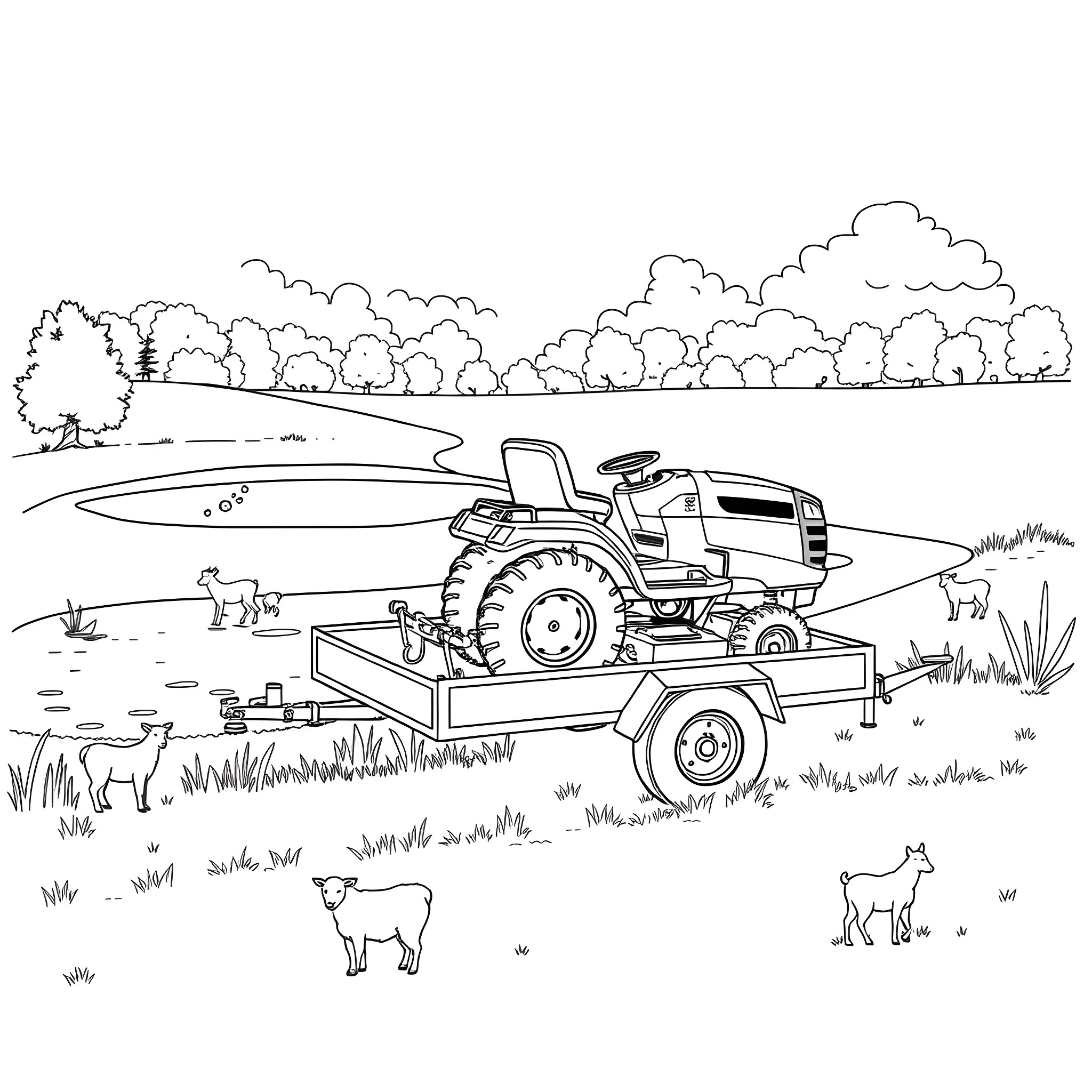 Mower transporting equipment through pastoral landscape Coloring Page (free black-and-white line drawing printable PDF for all, from beginners to advanced learners, including children, teens, adults, and seniors)
