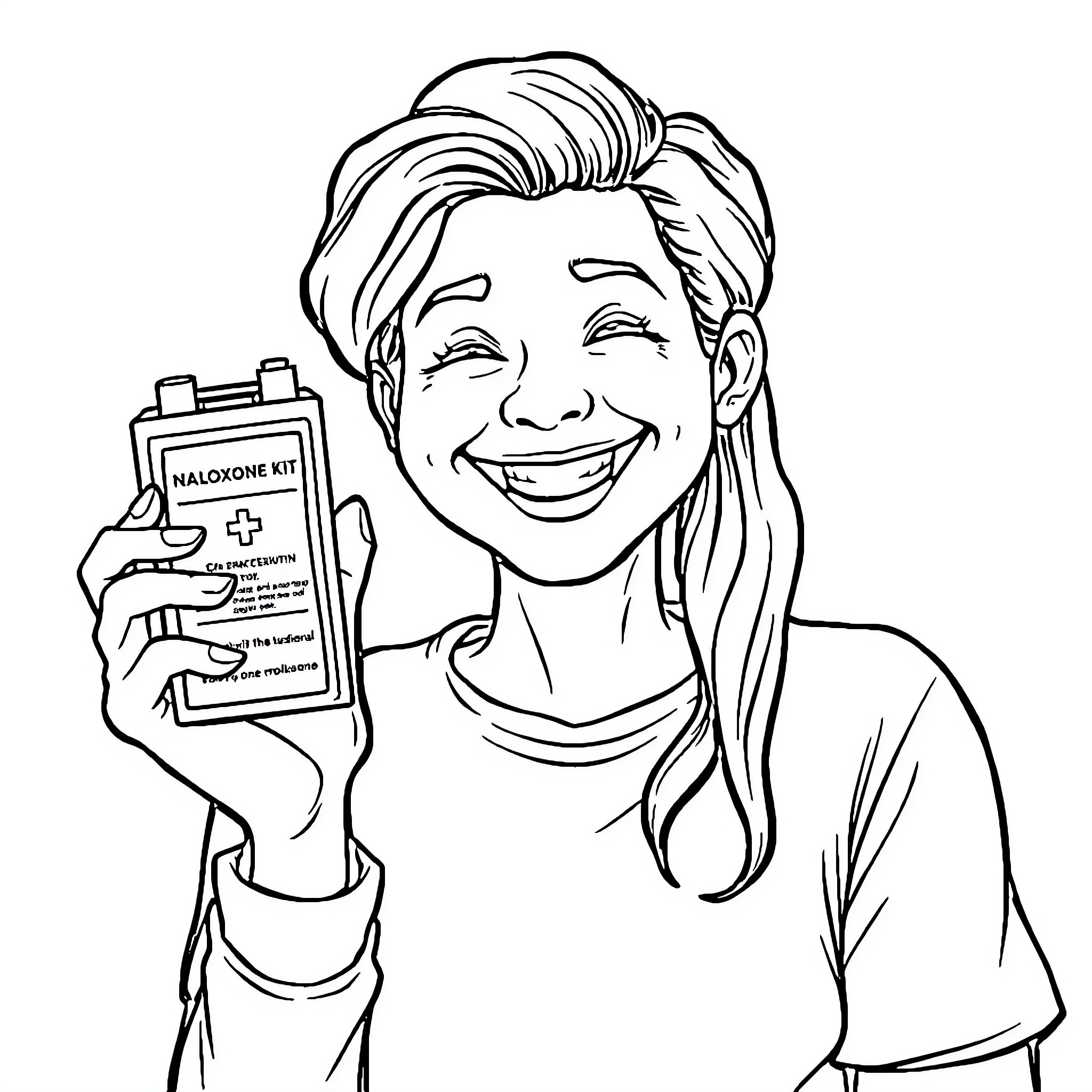 Naloxone kit in hand of smiling woman Coloring Page (free black-and-white line drawing printable PDF for all, from beginners to advanced learners, including children, teens, adults, and seniors)