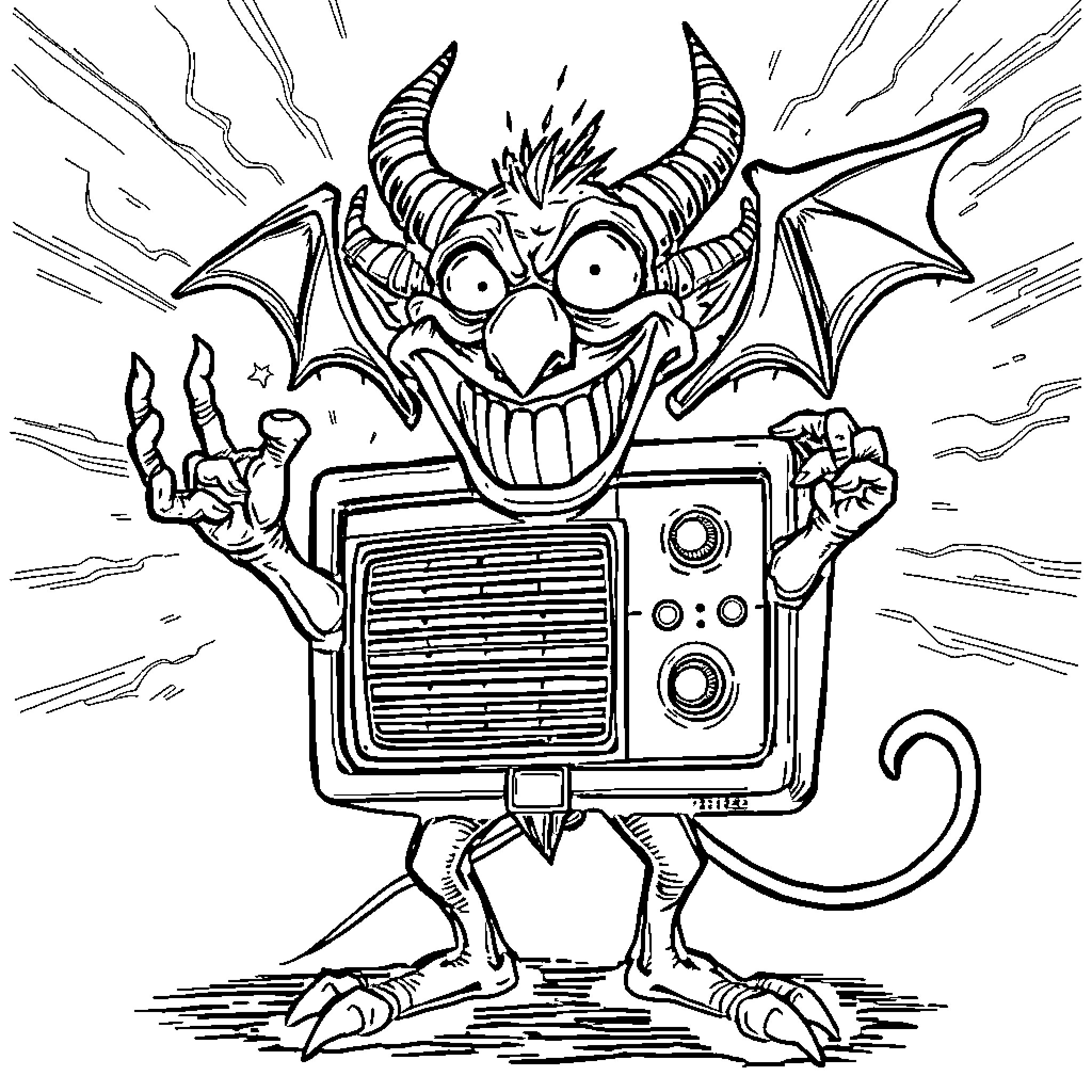 Alastor's Mischievous Antics with a Vintage TV Coloring Page (free black-and-white line drawing printable PDF for all, from beginners to advanced learners, including children, teens, adults, and seniors)