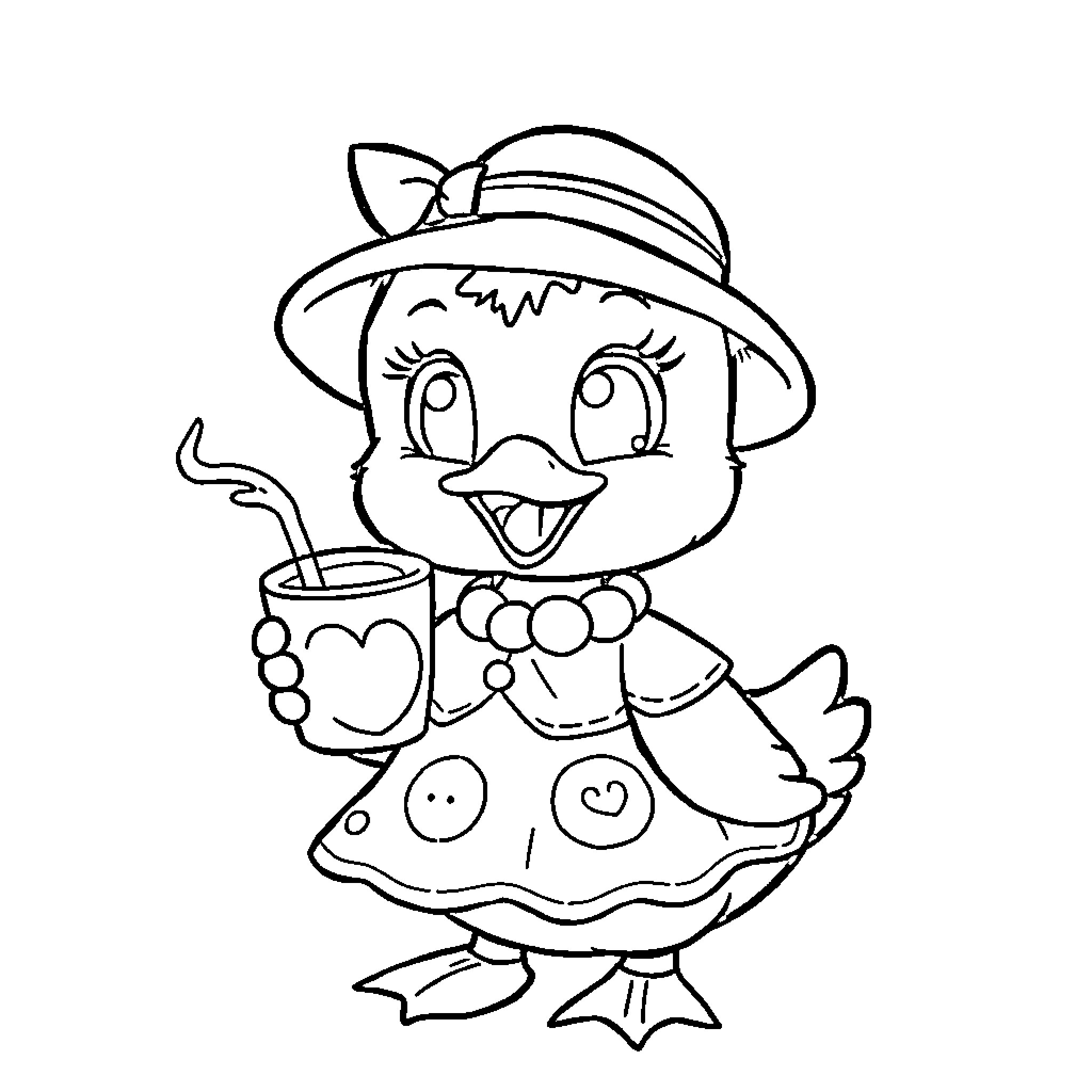 Duck drinking a beverage in a dress Coloring Page (free black-and-white line drawing printable PDF for all, from beginners to advanced learners, including children, teens, adults, and seniors)