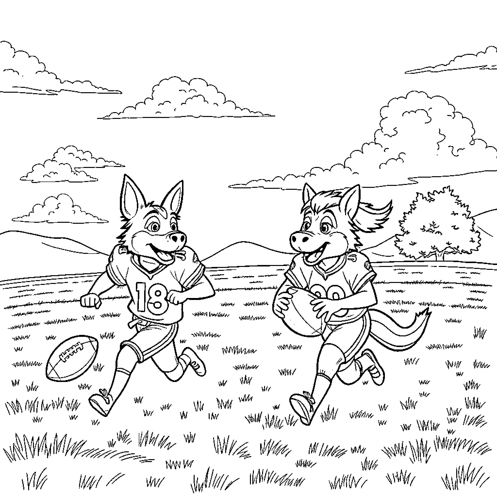 Bluey and Bingo Playing with a Football in the Park Coloring Page (free black-and-white line drawing printable PDF for all, from beginners to advanced learners, including children, teens, adults, and seniors)