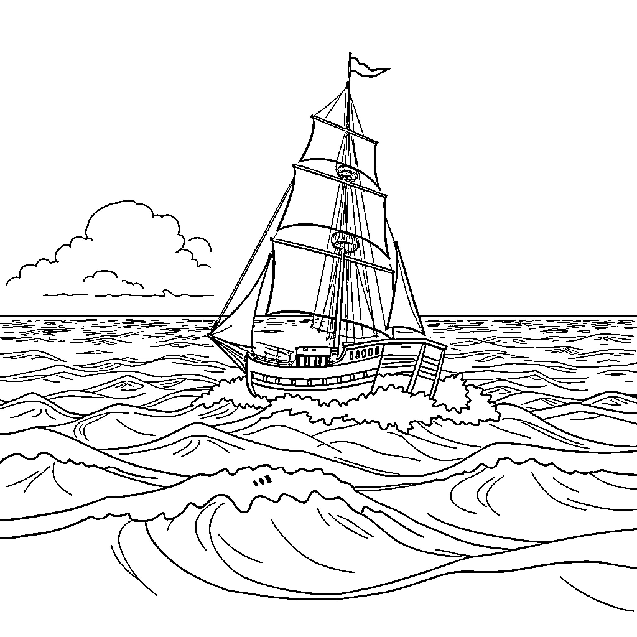 Sailing Ship Navigating Rough Seas Coloring Page (free black-and-white line drawing printable PDF for all, from beginners to advanced learners, including children, teens, adults, and seniors)