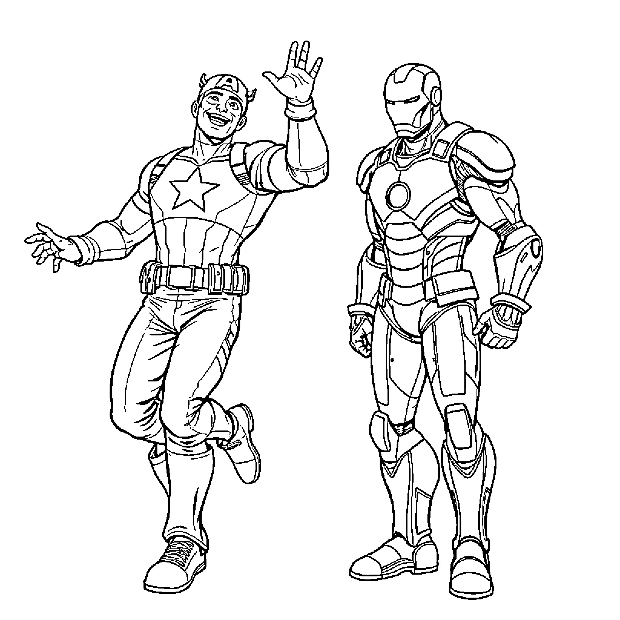 Captain America and Iron Man posing together Coloring Page (free black-and-white line drawing printable PDF for all, from beginners to advanced learners, including children, teens, adults, and seniors)