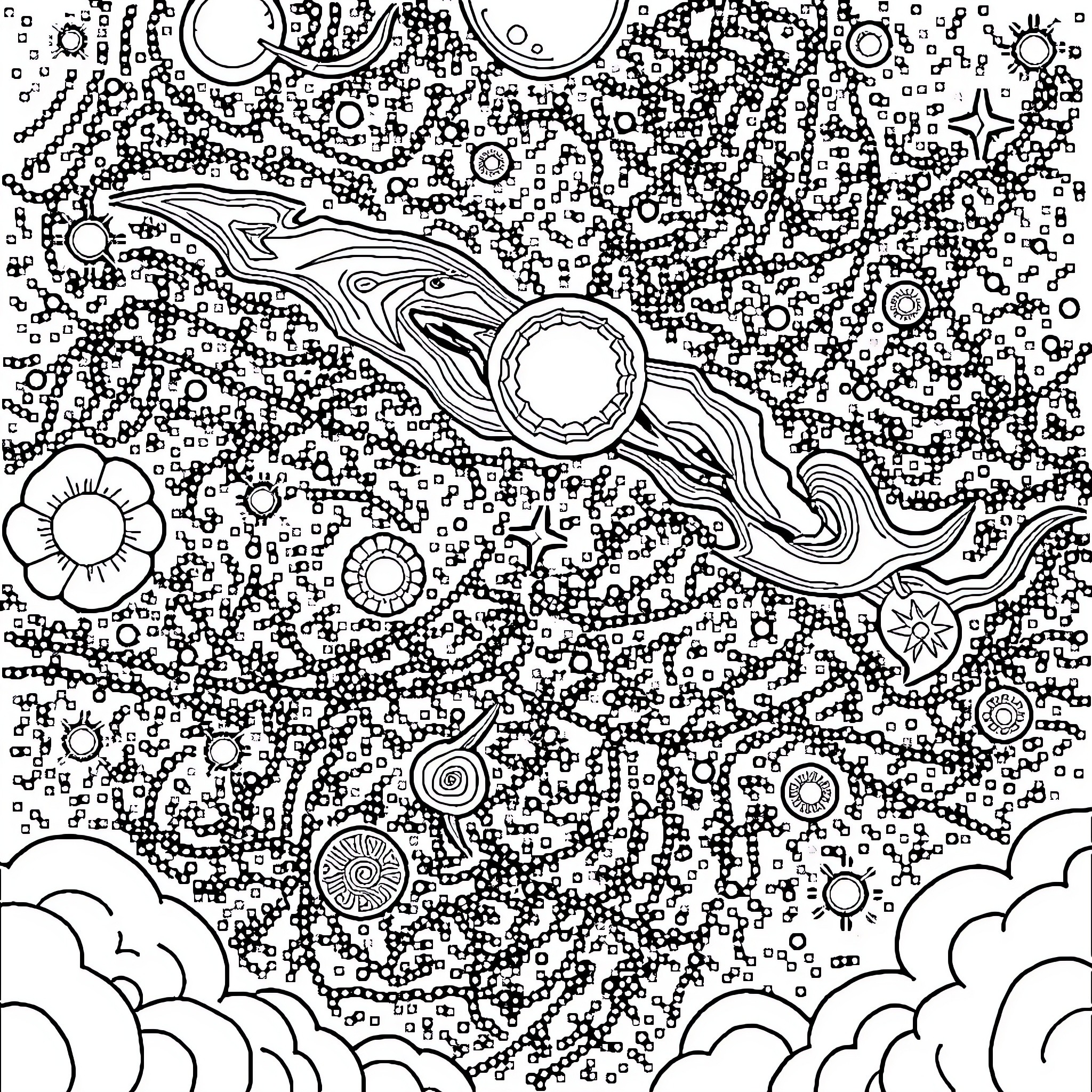 Universe of Celestial Wonders Coloring Page (free black-and-white line drawing printable PDF for all, from beginners to advanced learners, including children, teens, adults, and seniors)